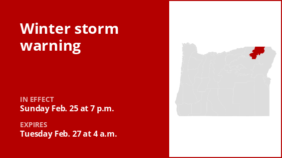 Winter Storm Warning for Oregon’s Northern Blue Mountains through early Tuesday morning – up to 14 inches of snow