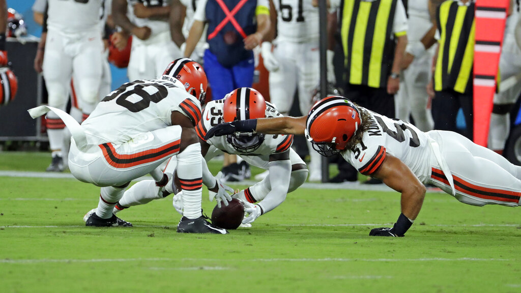 Cleveland Browns wide receiver Travell Harris (83) walks off the field at  the end of an NFL preseason football game against the Jacksonville Jaguars,  Friday, Aug. 12, 2022, in Jacksonville, Fla. The