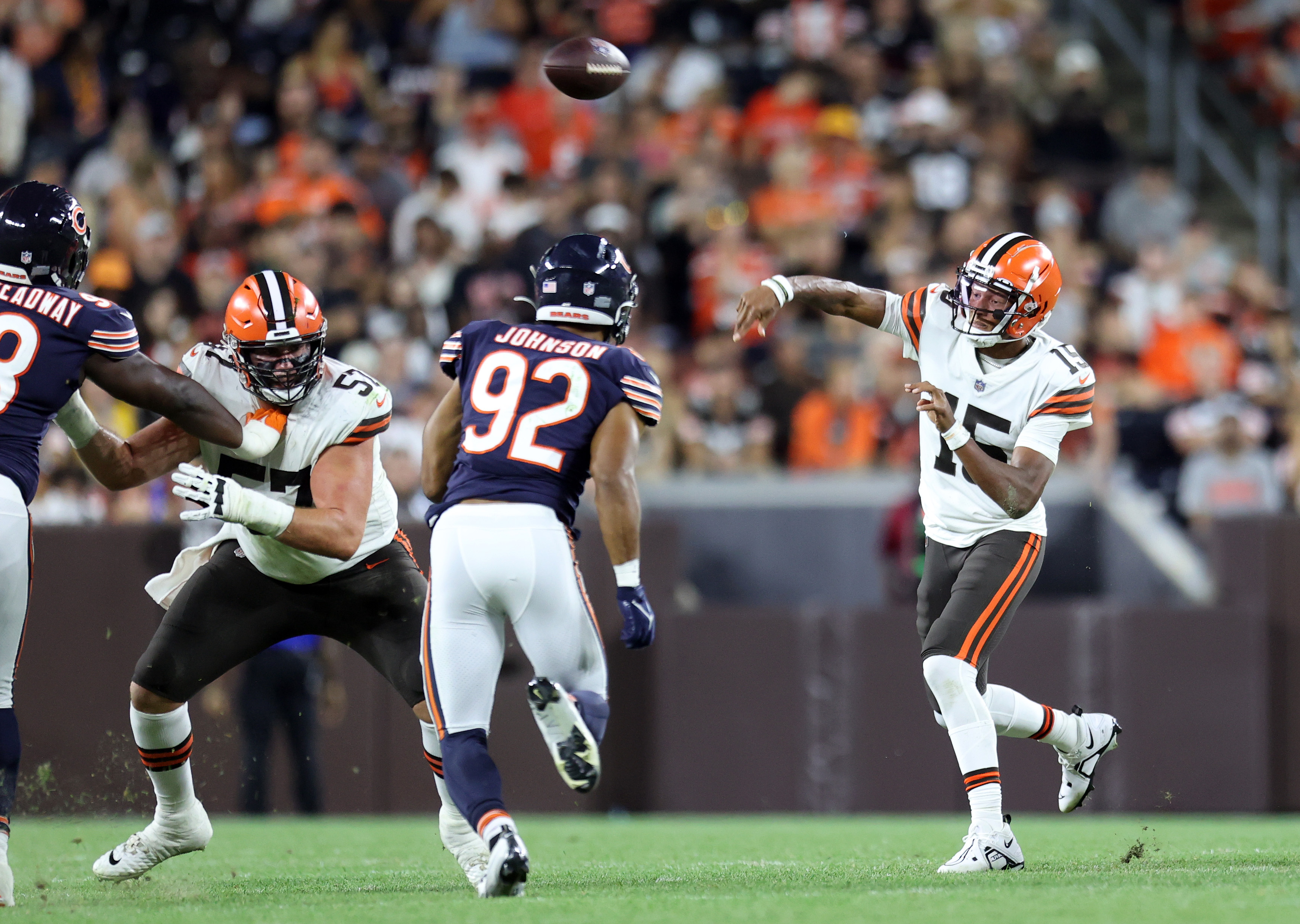 Chicago Bears tight end Ryan Griffin (84) celebrates after making a  touchdown against the Cleveland Browns during the first half of an NFL  preseason football game, Saturday, Aug. 27, 2022, in Cleveland. (