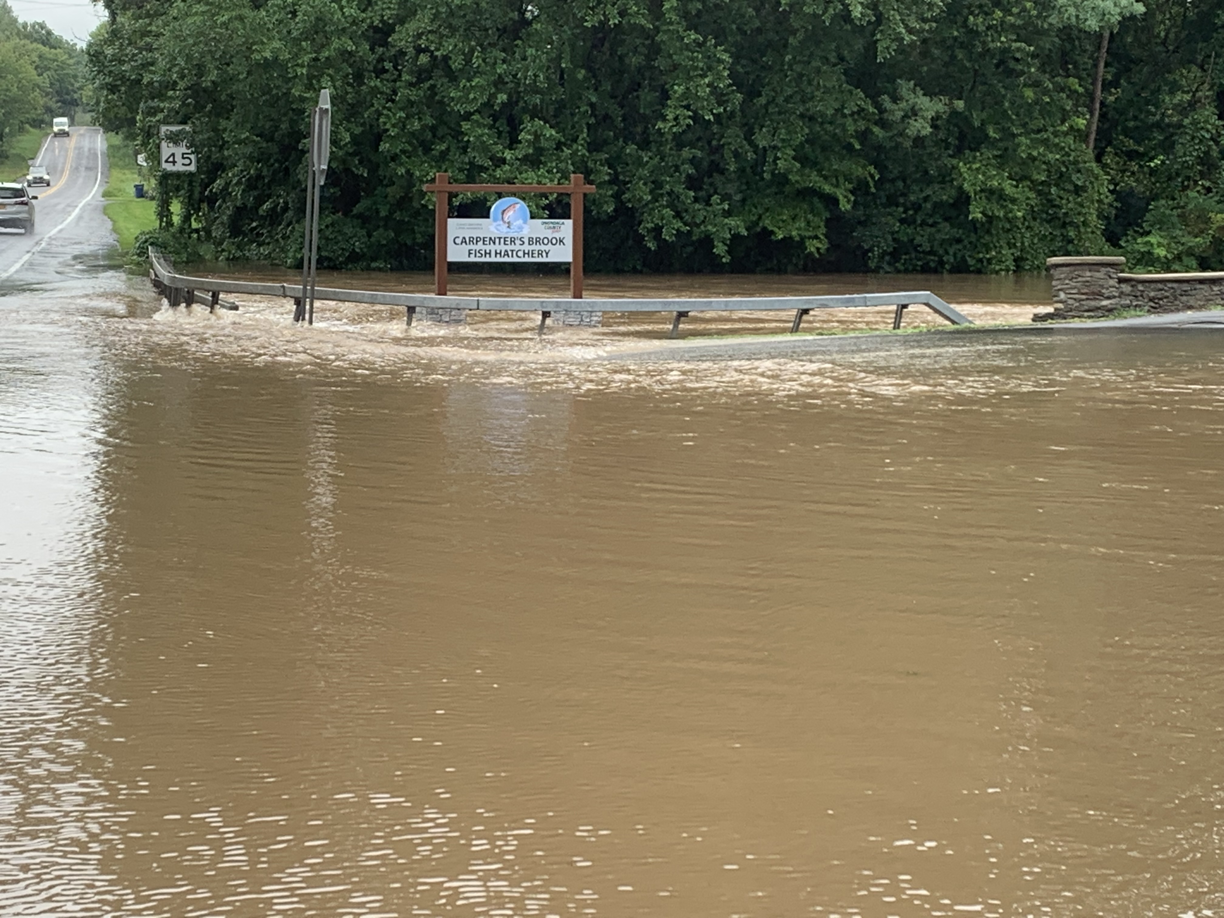 The entry to Carpenter’s Brook Fish Hatchery on Route 321 in Elbridge remains flooded Thursday, Aug. 19, 2021.
