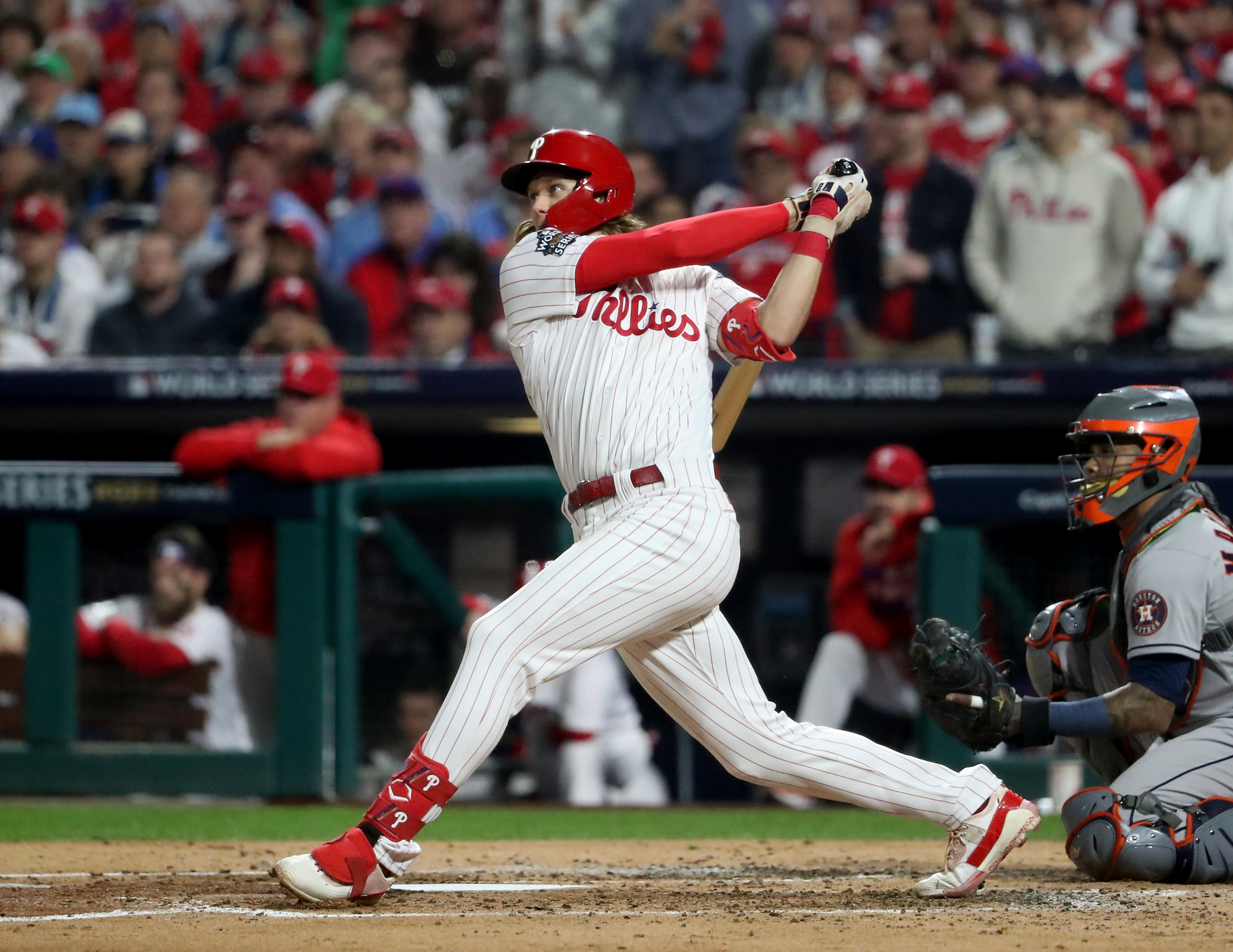 Alec Bohm (28) of the Philadelphia Phillies hits a home run in the second inning during World Series Game 3 against the Houston Astros at Citizens Bank Park, Tuesday, Nov. 1, 2022. The home run gave the Phillies a 3-0 lead.