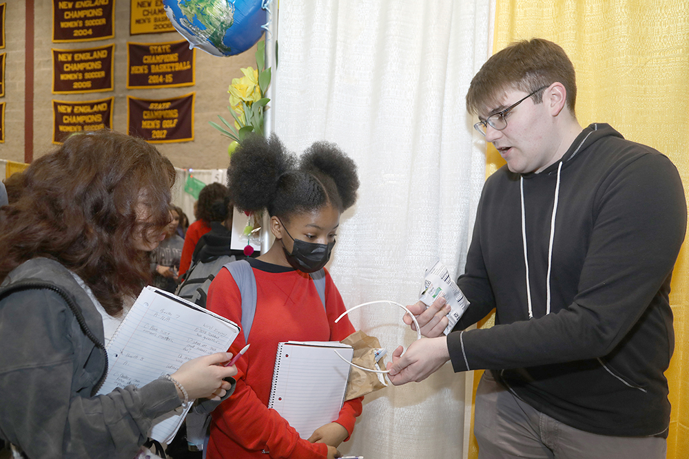 Evan Patamia spoke to students about Wearable Electronics at the Sustainathon event taking place in the gym in building 2 at Springfield Technical Community College on April 11th. (Ed Cohen Photo)