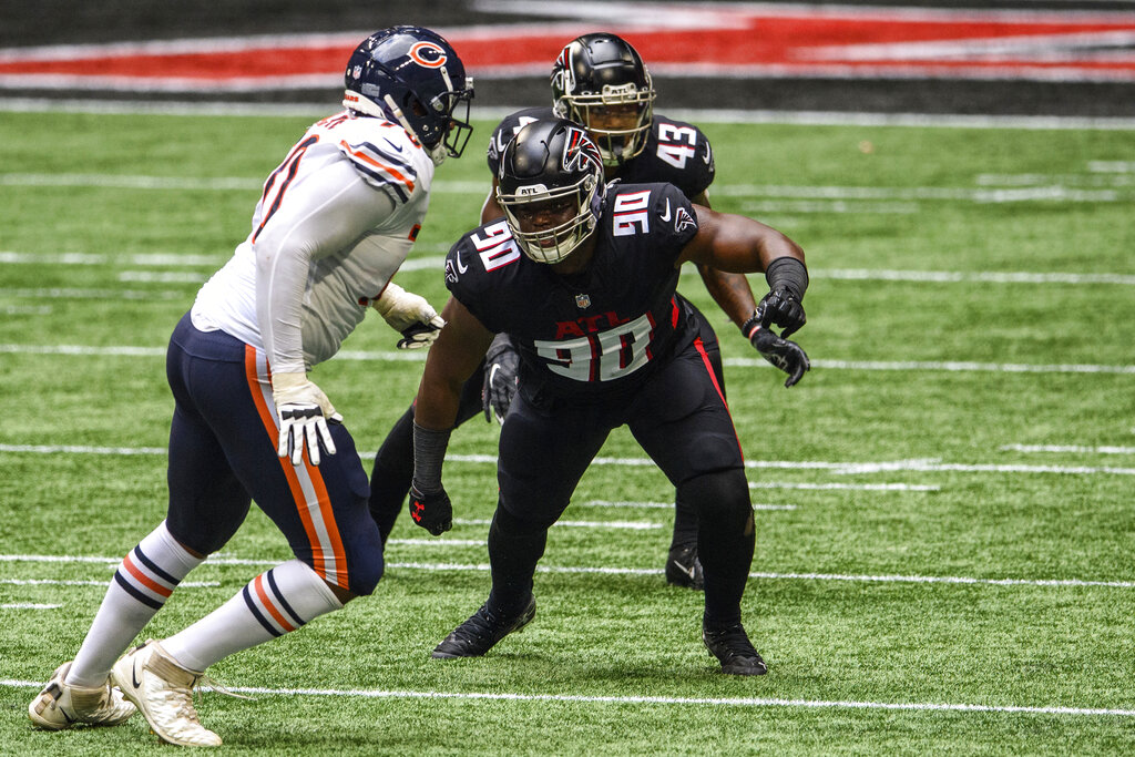 Atlanta Falcons defensive tackle Marlon Davidson (90) in action during an  NFL game between the Atlanta