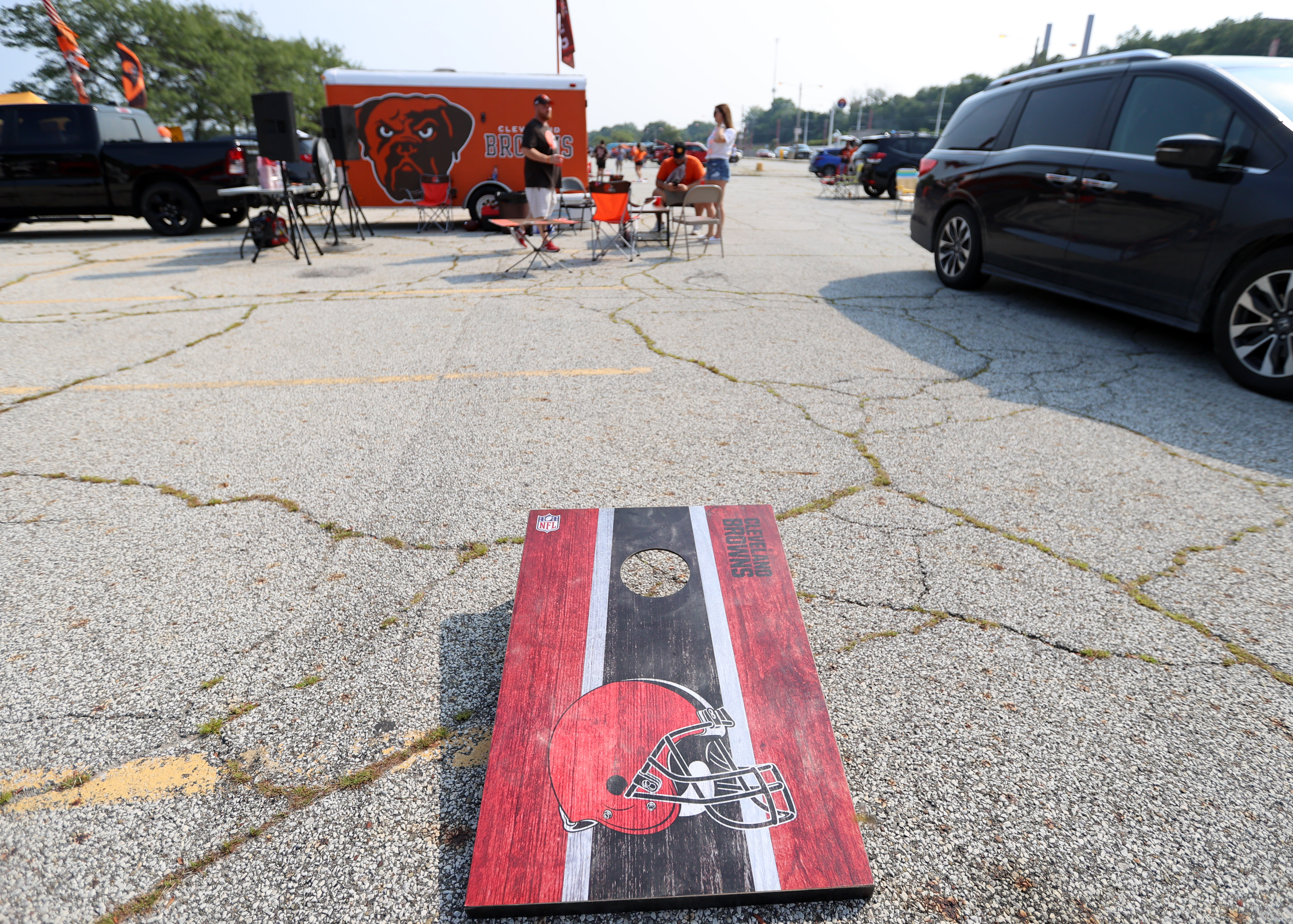 Cleveland Browns fans tailgate in the Muni Lot before the game, September  26, 2021 