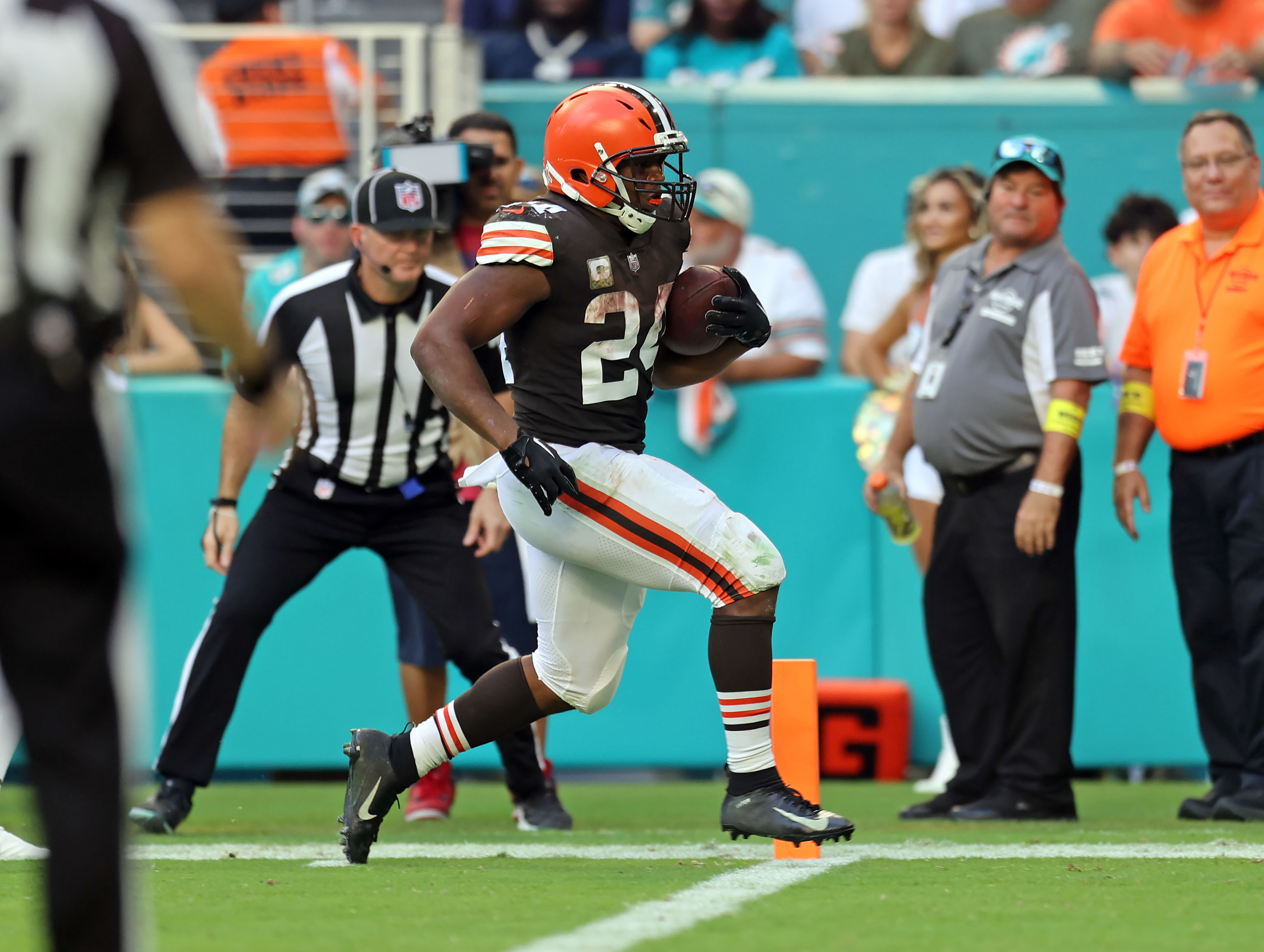 Miami Dolphins Bradley Chubb (2) and defensive tackle Christian Wilkins  (94) sack Cleveland Browns quarterback Jacoby Brissett (7)during the first  half of an NFL football game, Sunday, Nov. 13, 2022, in Miami