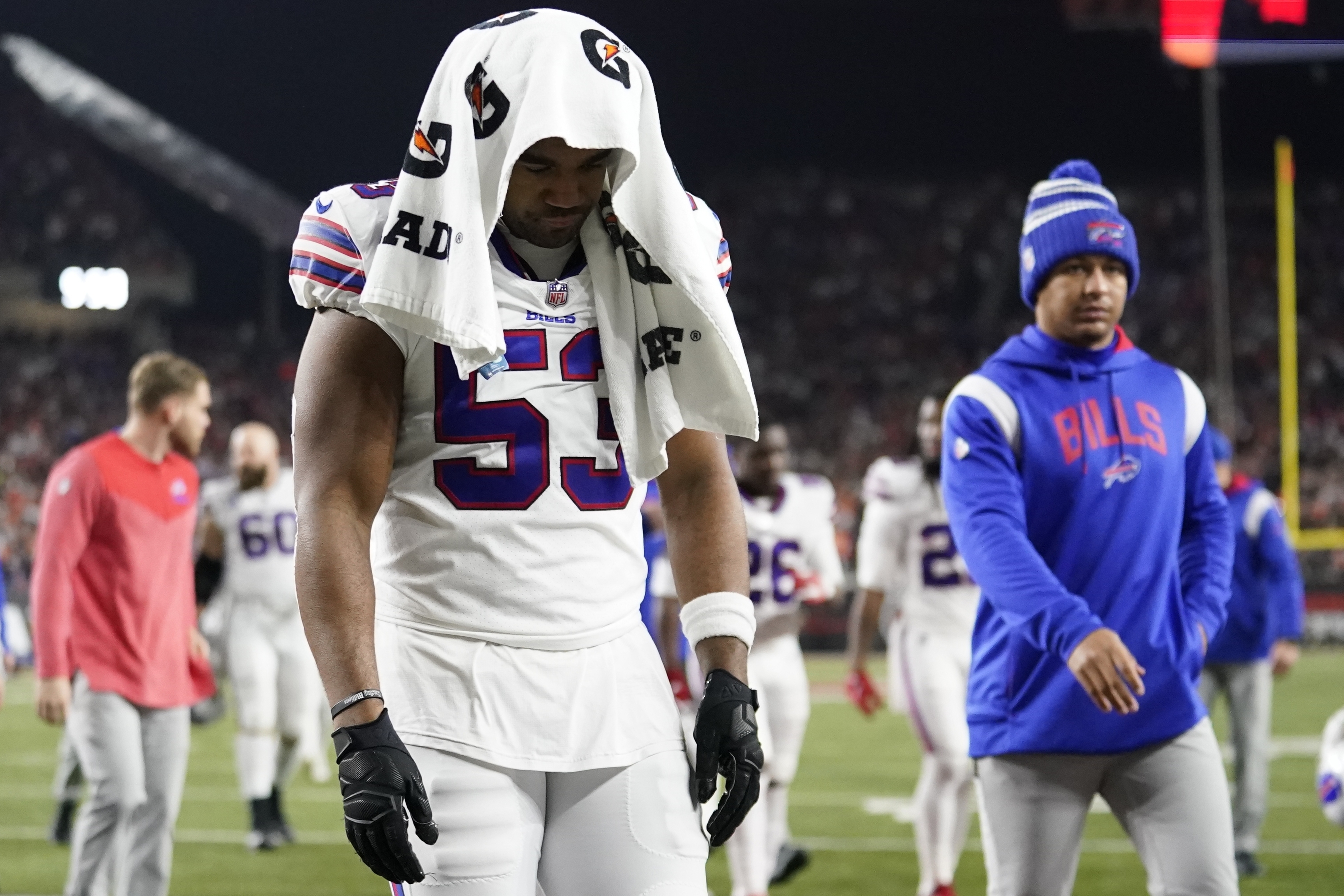 Buffalo Bills tackle Spencer Brown (79) walks on the field during