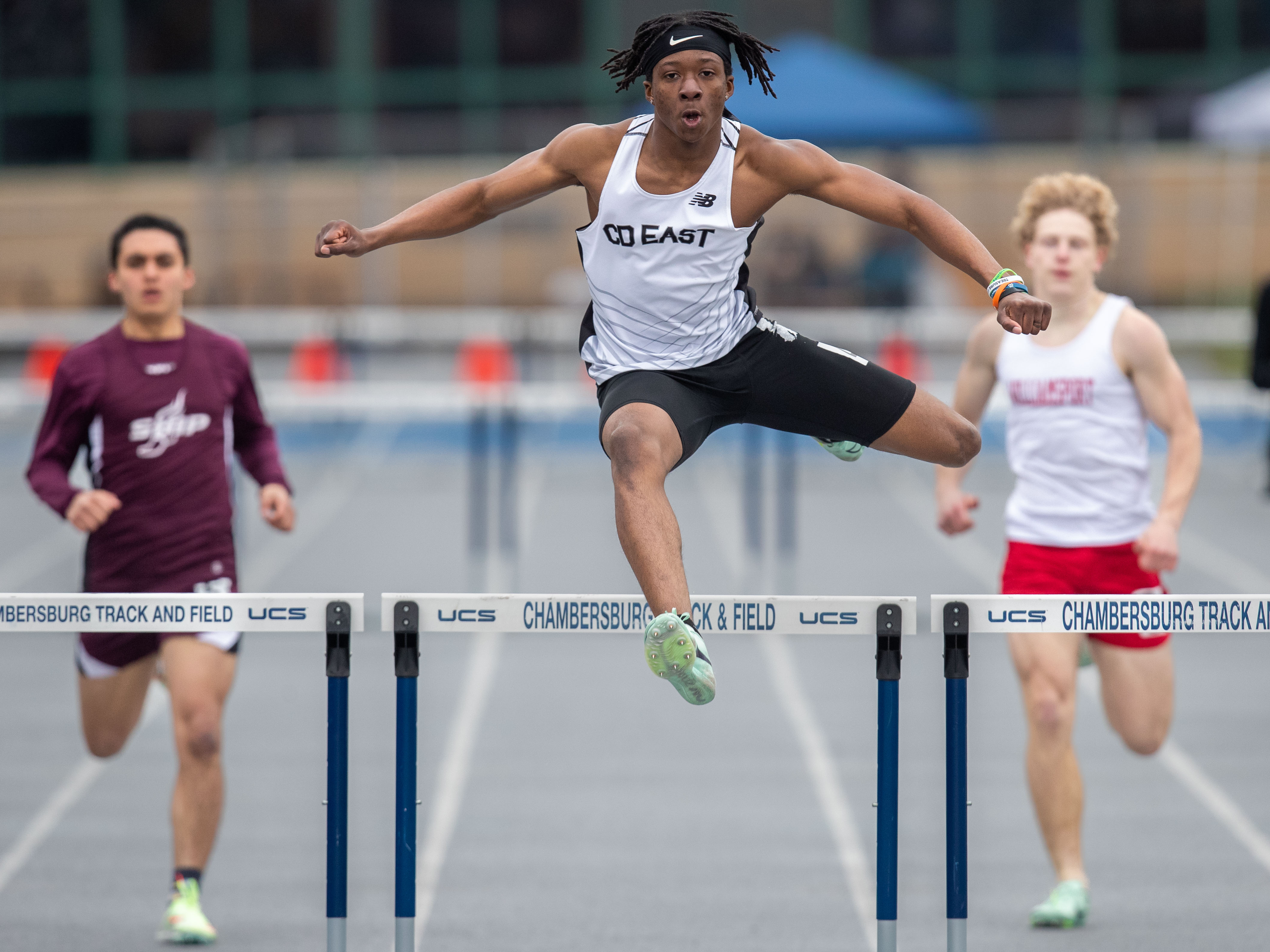 Steve Combary, Central Dauphin East, wins the 300 meter hurdles at the 2023 Tim Cook Memorial Invitational track & field meet at Chambersburg, Pa., Mar. 25, 2023.Mark Pynes | pennlive.com