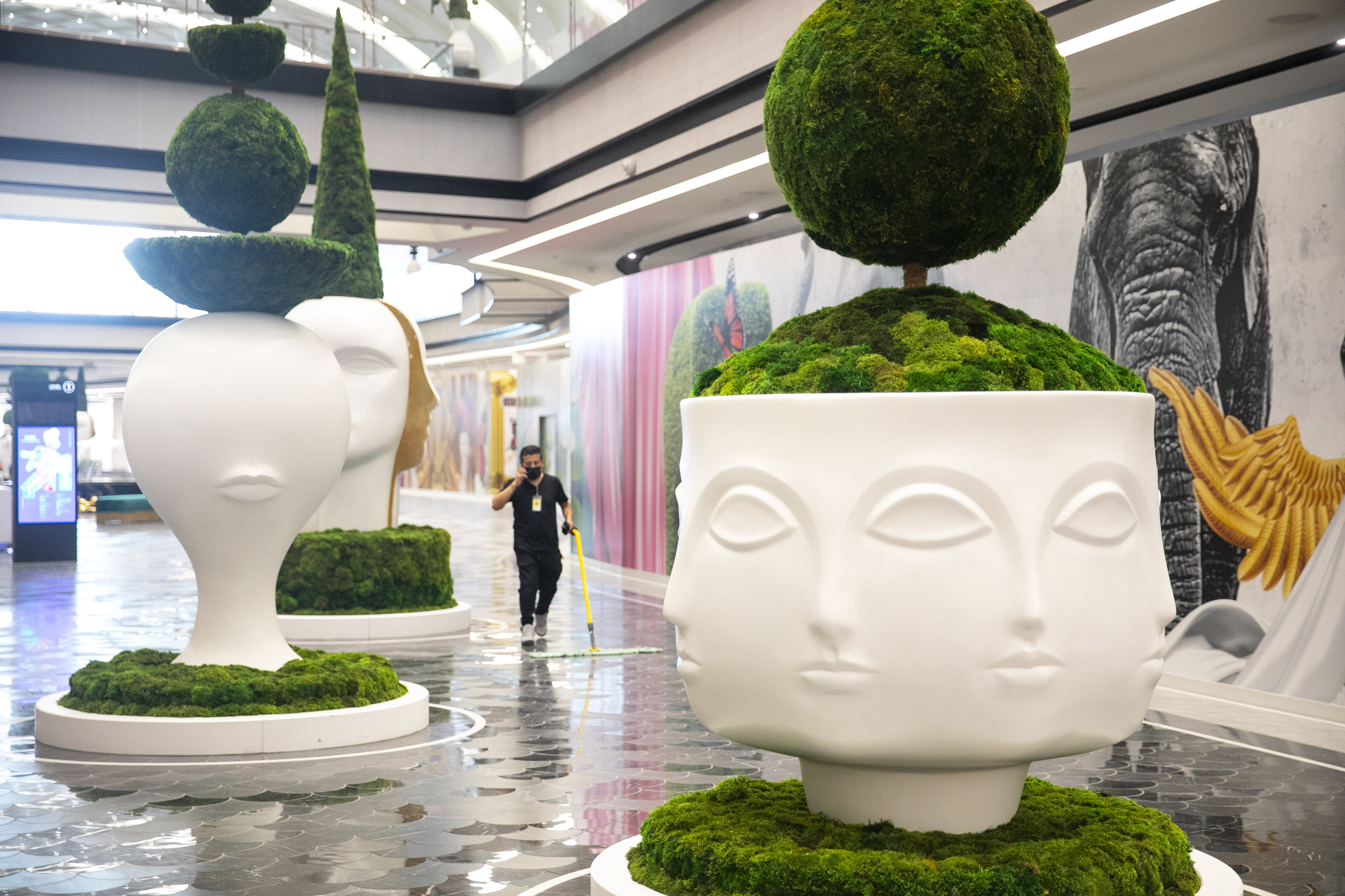 Sculptures by Jonathan Adler are displayed in The Avenue, a luxury shopping  wing of the American Dream mall, before its grand opening in East  Rutherford, N.J., Wednesday, Sept. 15, 2021. If you
