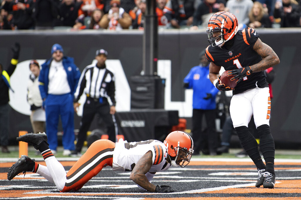 Cincinnati Bengals wide receiver Trenton Irwin (16) celebrates his  touchdown in the second half during an NFL football game against the  Cleveland Browns, Sunday, Dec. 11, 2022, in Cincinnati. (AP Photo/Emilee  Chinn