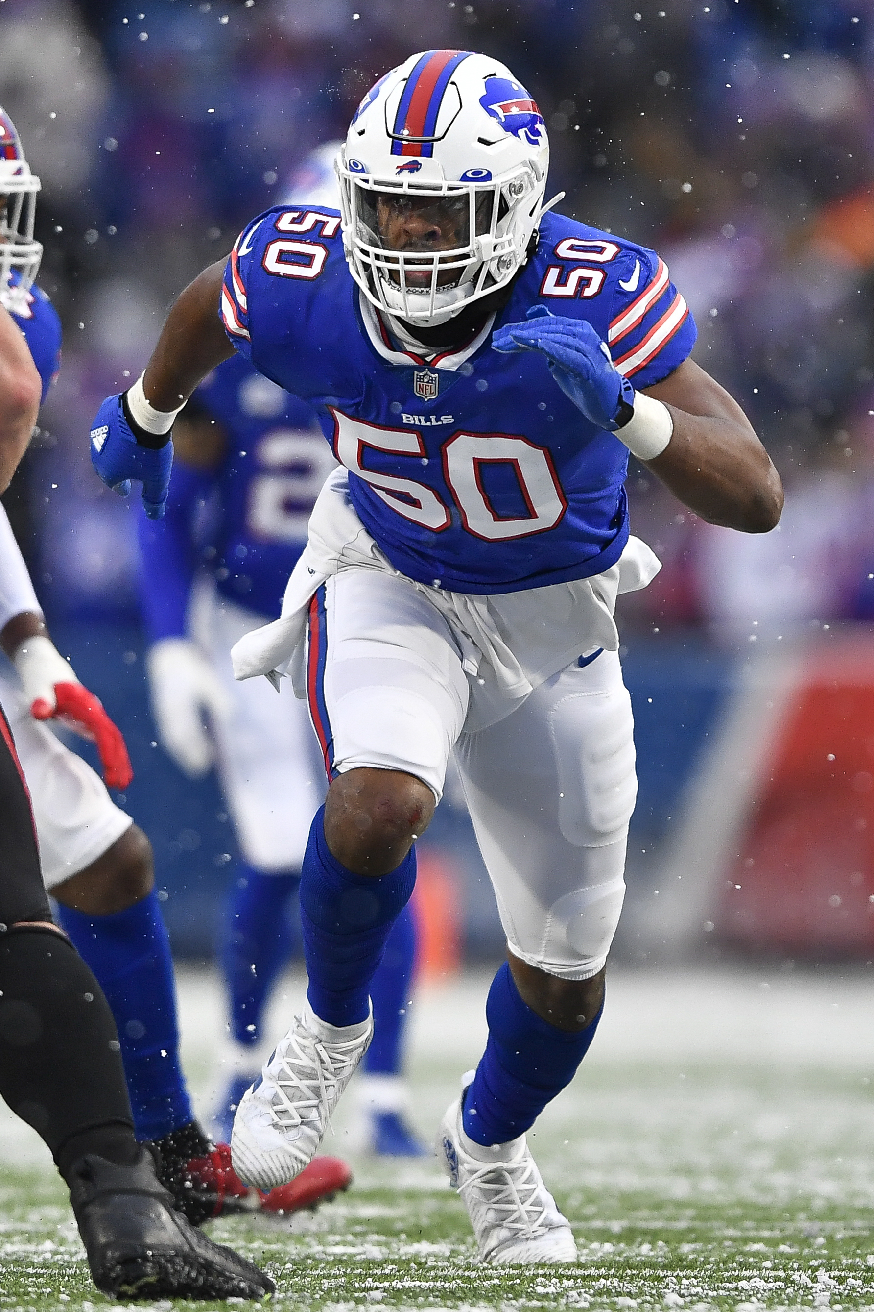 Buffalo Bills defensive end Greg Rousseau (50) rushes against the  Washington Football Team during the first quarter of an NFL football game,  Sunday, Sept. 26, 2021, in Orchard Park, N.Y. (AP Photo/Brett