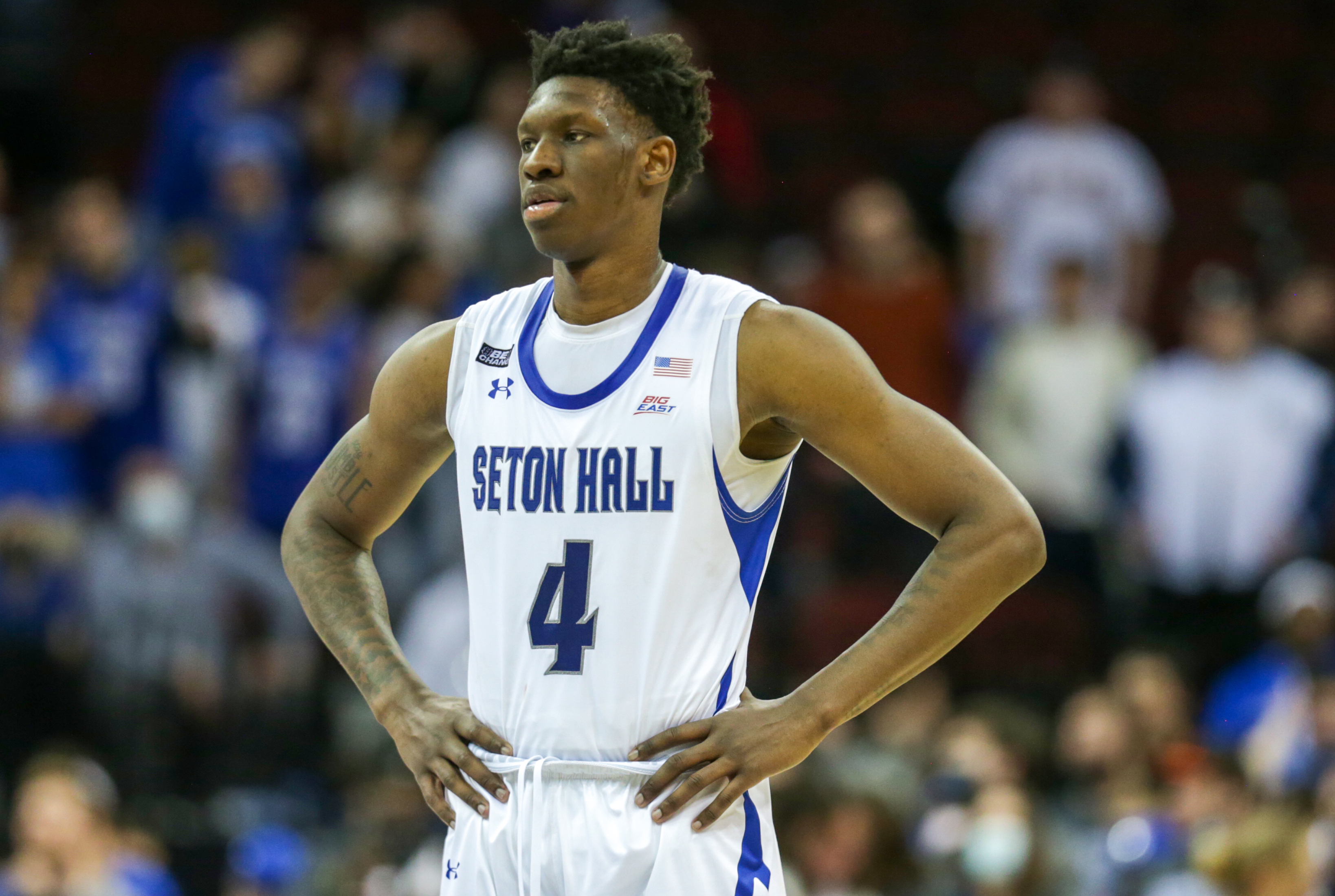 Newark, New Jersey, USA. 5th Feb, 2022. Creighton Bluejays guard Trey  Alexander (23) shoots an off balance shot over Seton Hall Pirates forward  Tyrese Samuel (4) in the second half during NCAA