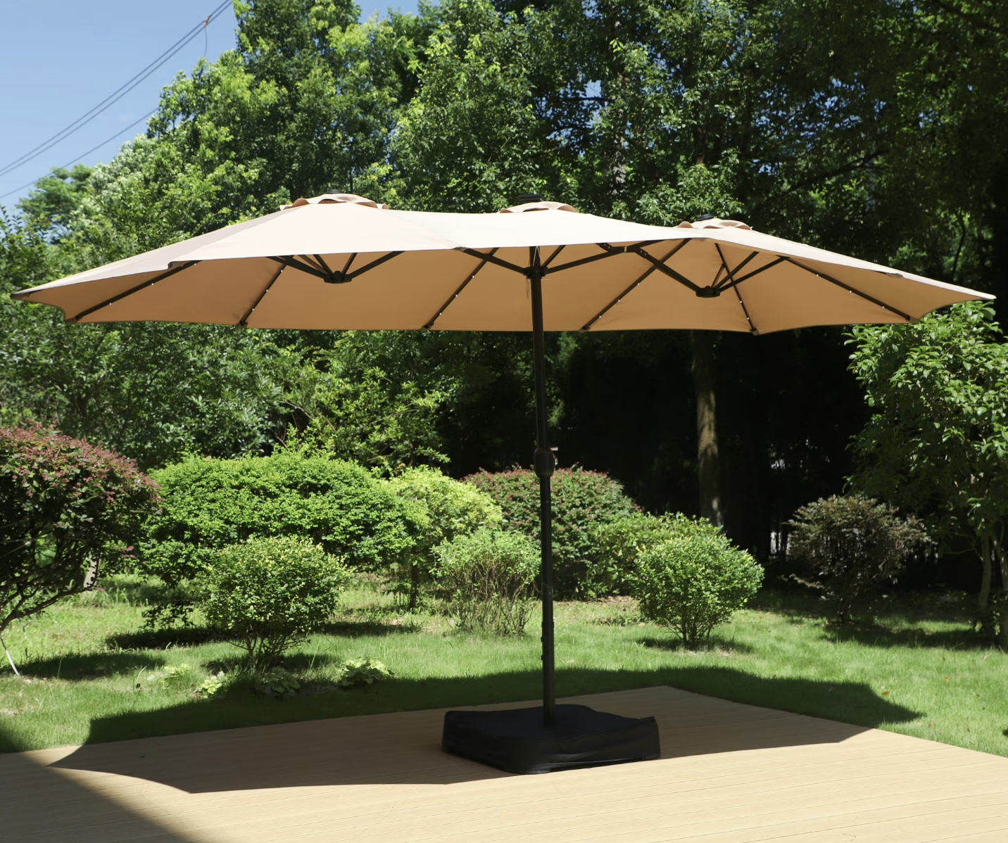 big lots patio umbrella with base Yaheetech 15FT Double-Sided w/RGB Solar Lights & Base, Tan Its easy hand crank lift ensures convenient adjustment Wilson Fisher Patio Set With
