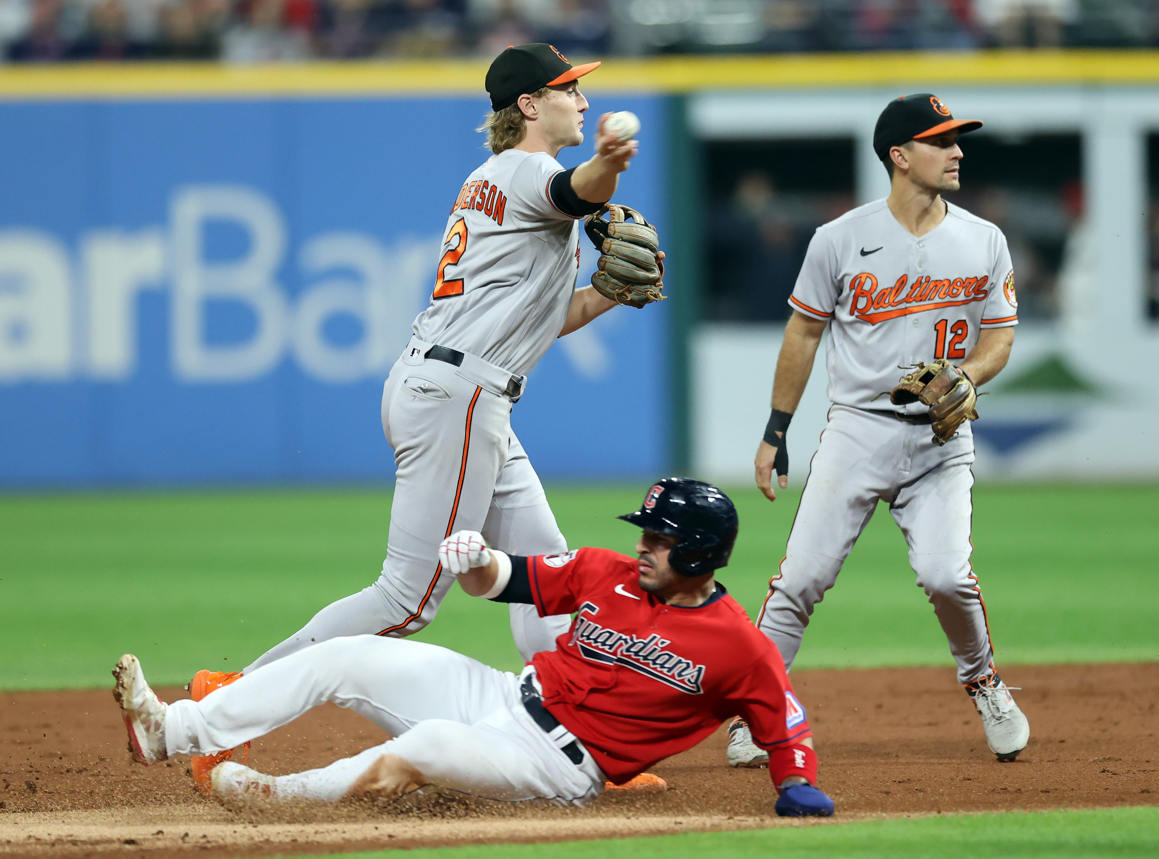 Baltimore, United States. 29th May, 2023. Cleveland Guardians first baseman Josh  Naylor (22) making contact with the pitch in the top of the third inning  against the Baltimore Orioles at Oriole Park