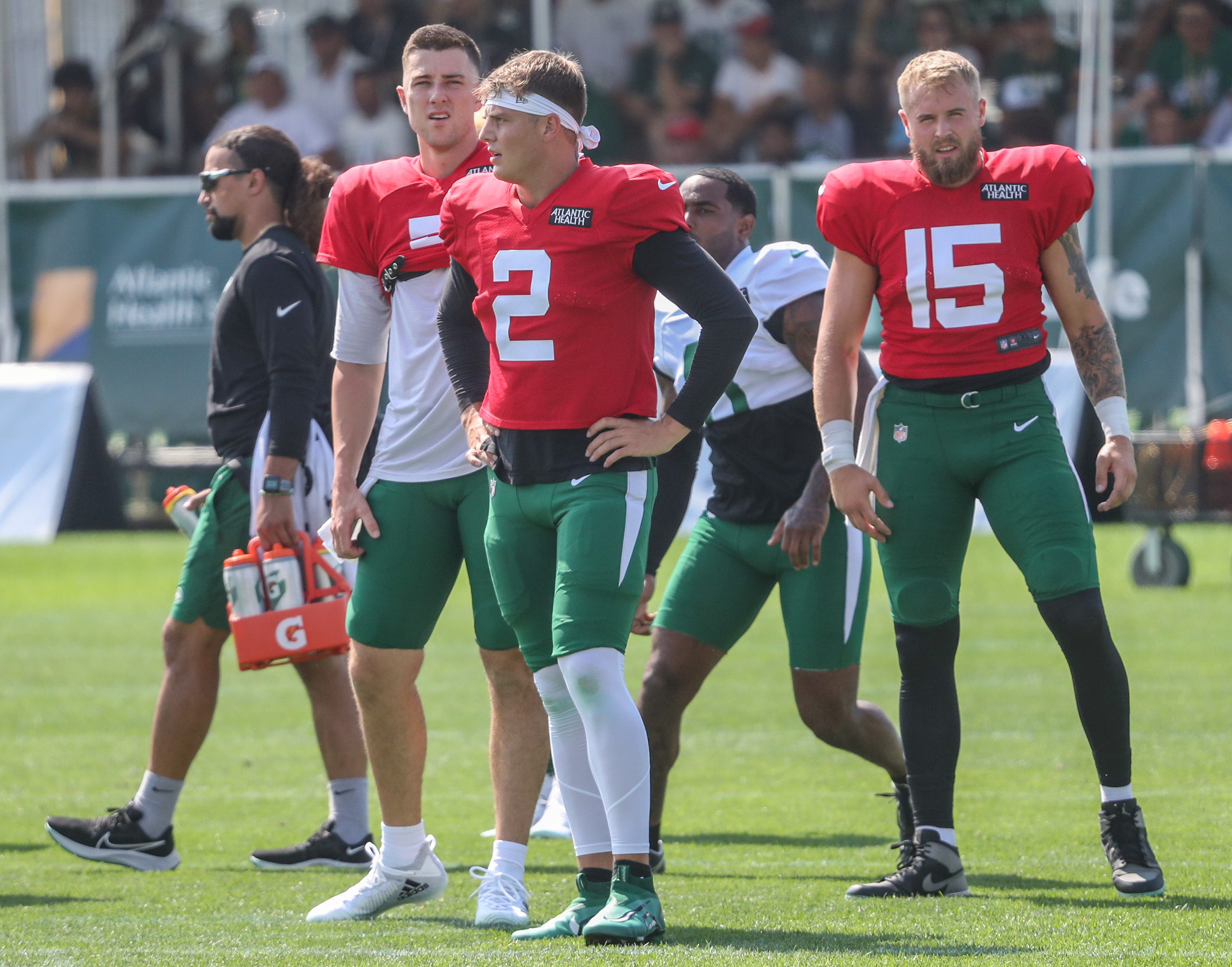 Florham Park, New Jersey, USA. August 2, 2022, Florham Park, New Jersey,  USA: New York Jets' linebacker Hamsah Nasirildeen (45) runs a drill during  Jets training camp at the Atlantic Health Jets