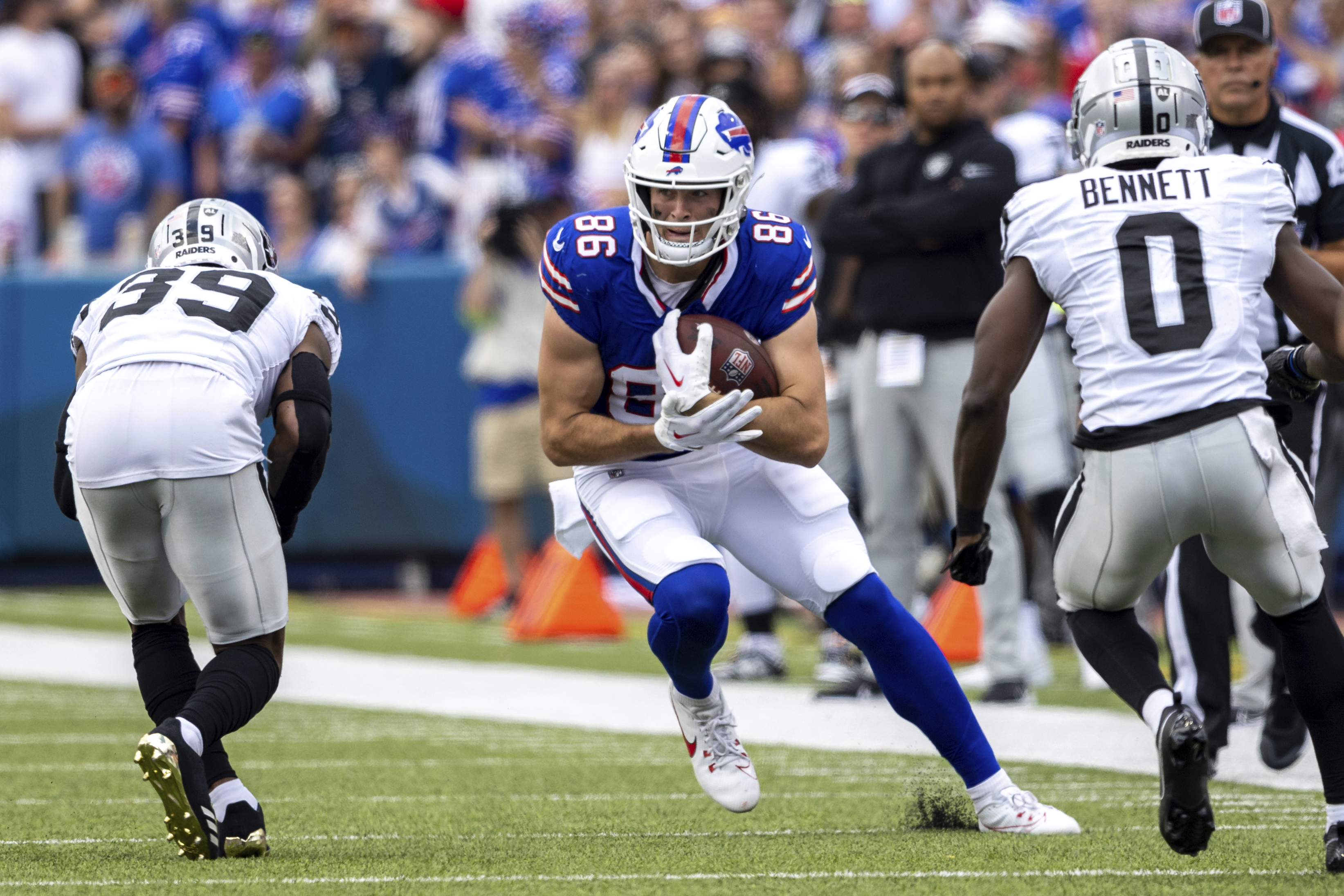 Las Vegas Raiders' Jermaine Eluemunor (72) during the second half of an NFL  football game against the Buffalo Bills, Sunday, Sept. 17, 2023, in Orchard  Park, N.Y. The Bills won 38-10. (AP