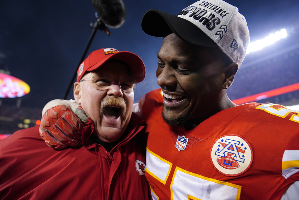 Kansas City Chiefs wide receiver Skyy Moore celebrates a punt return during  the second half of the NFL AFC Championship playoff football game against  the Cincinnati Bengals, Sunday, Jan. 29, 2023 in