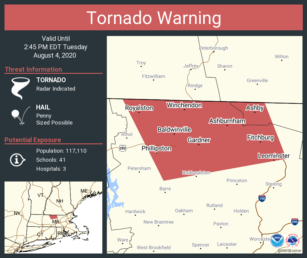 Tornado warnings issued across Worcester County in Fitchburg, Gardner