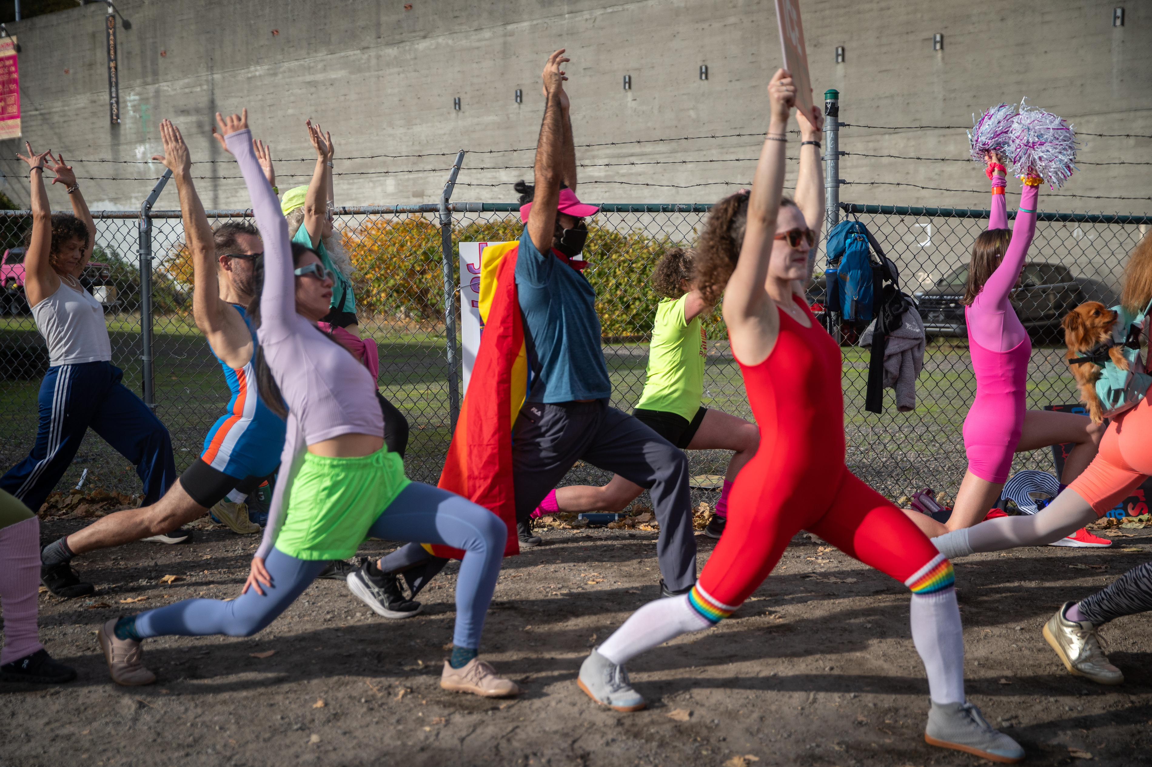 Participants in Fulcrum Fitness’s “Sweatin’ Out the Fascists” held an ’80s-aerobics peaceful protest outside the U.S. Immigration and Customs Enforcement (ICE) facility in South Portland on Sunday, Nov. 9, 2025, collecting donations for the Oregon Food Bank.