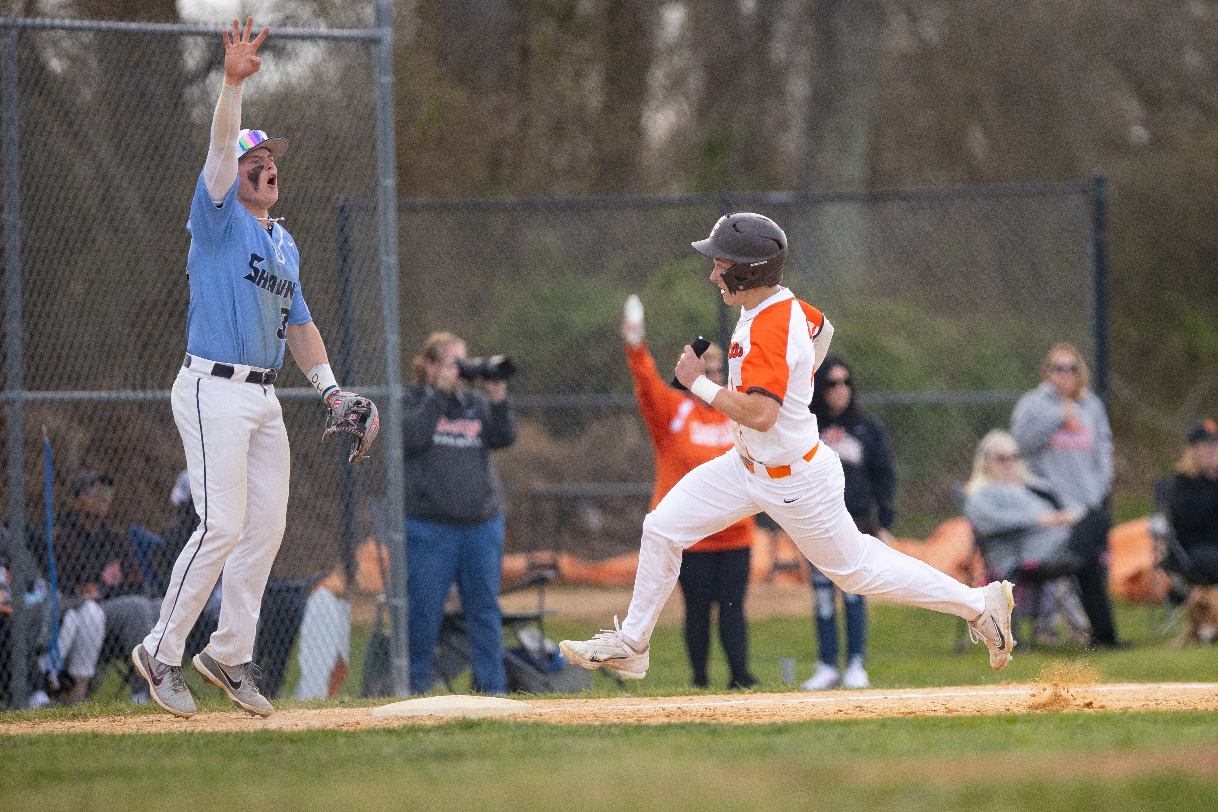 Brandon Prince (7) of Cherokee, turns on the jets as he rounds third in Marlton, NJ on Monday, April 3, 2023.