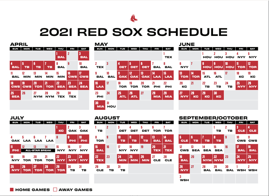 Lydig Tryk ned jungle Boston Red Sox 2021 schedule: Opening Day is April 1 vs. Orioles at Fenway  Park; Mets, Phillies, Braves among NL teams coming to Boston - masslive.com