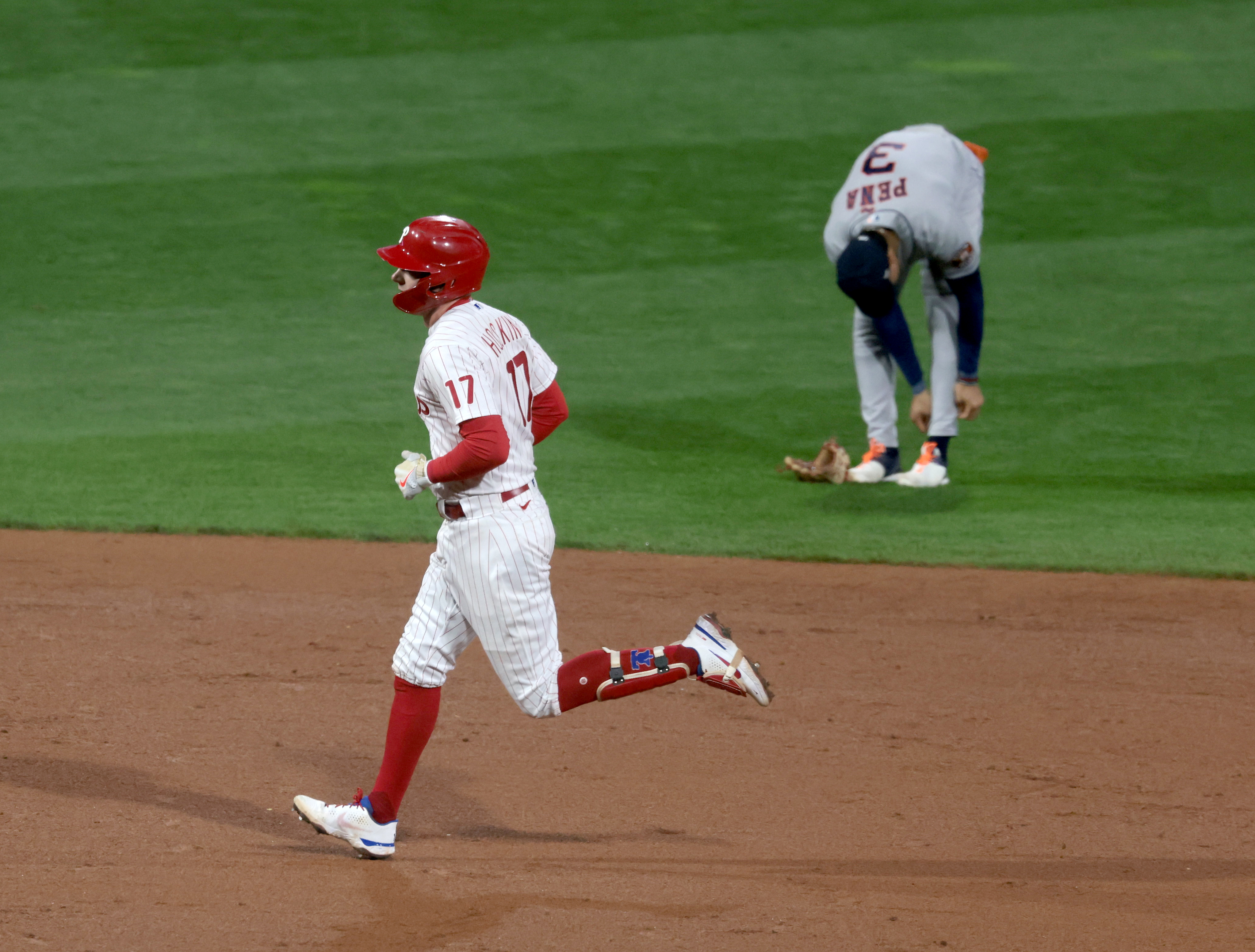 Rhys Hoskins (17) of the Philadelphia Phillies rounds the bases after hitting a home run vs.the Houston Astros in the fifth inning during Game 3 of the World Series at Citizens Bank Park, Tuesday, Nov. 1, 2022.