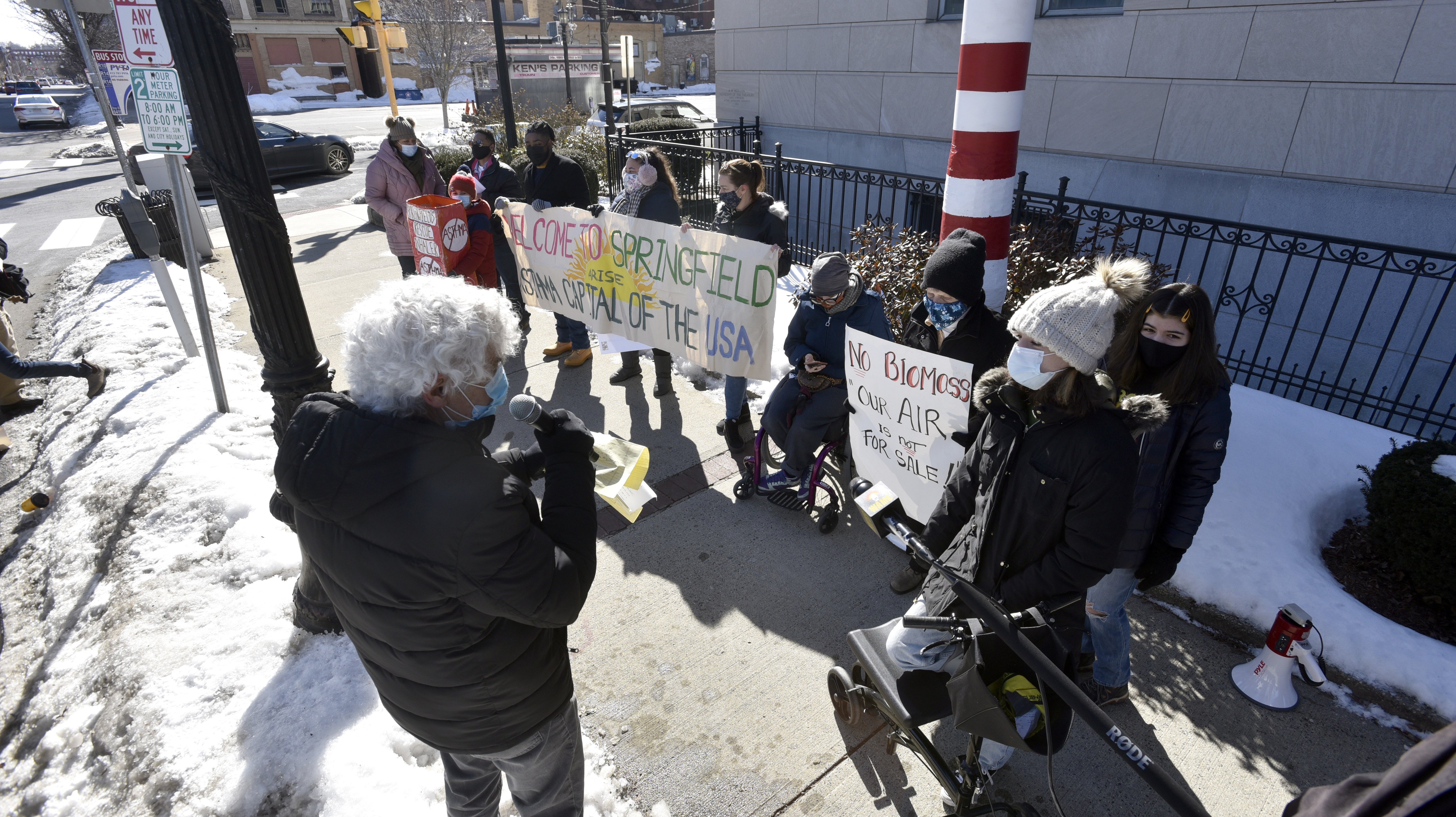 Verne McArthur of the Springfield Climate Justice Coalition speaks during a rally outside the Western Massachusetts office of Governor Charlie Baker in Springfield to demand an end to the long proposed biomass energy plant in East Springfield on Feb. 17, 2021.   (Don Treeger / The Republican)
