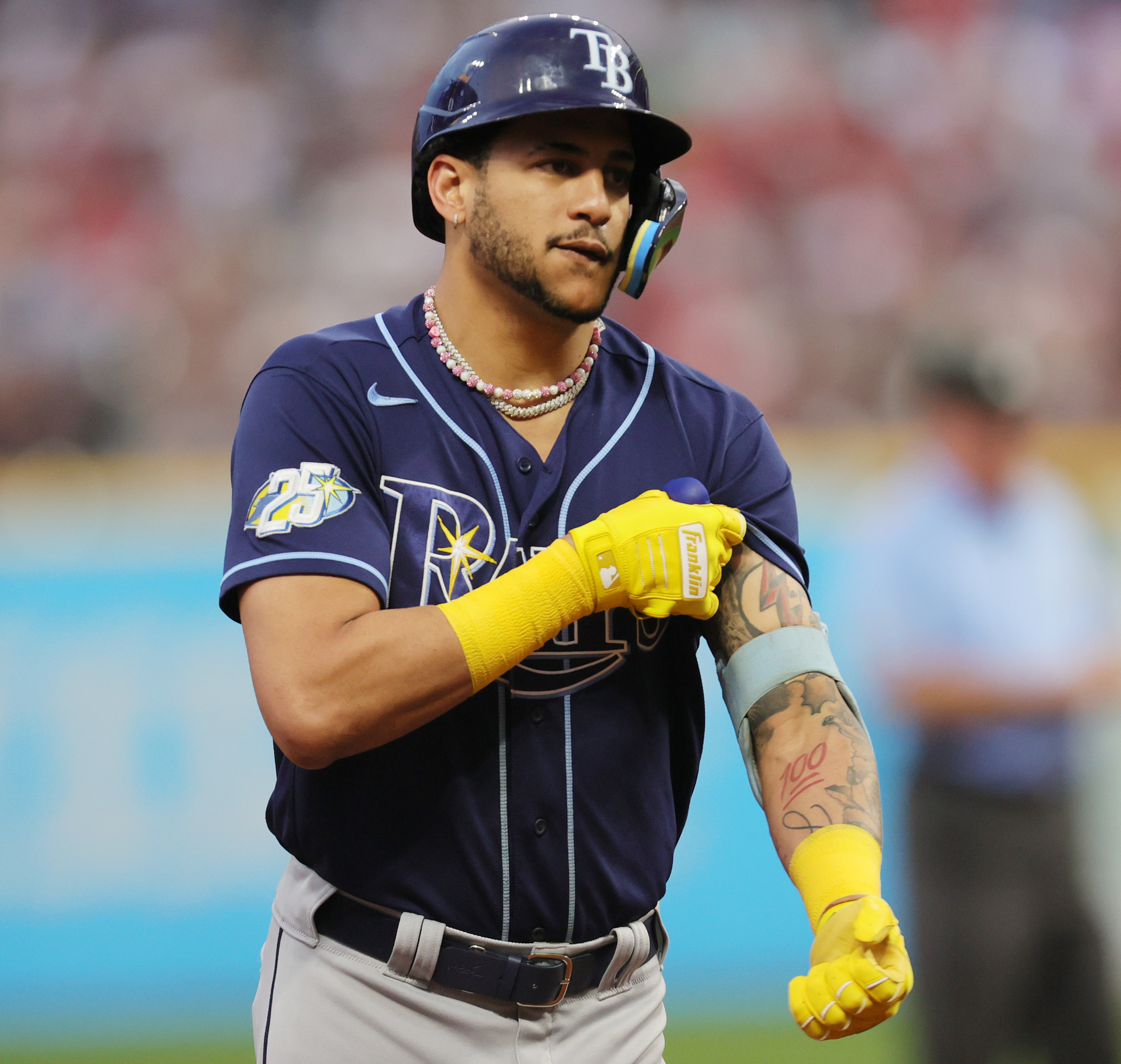 Tampa Bay Rays center fielder Jose Siri rounds the bases after hitting a solo homer off Cleveland Guardians relief pitcher Nick Sandlin in the sixth inning, September 2, 2023, at Progressive Field.