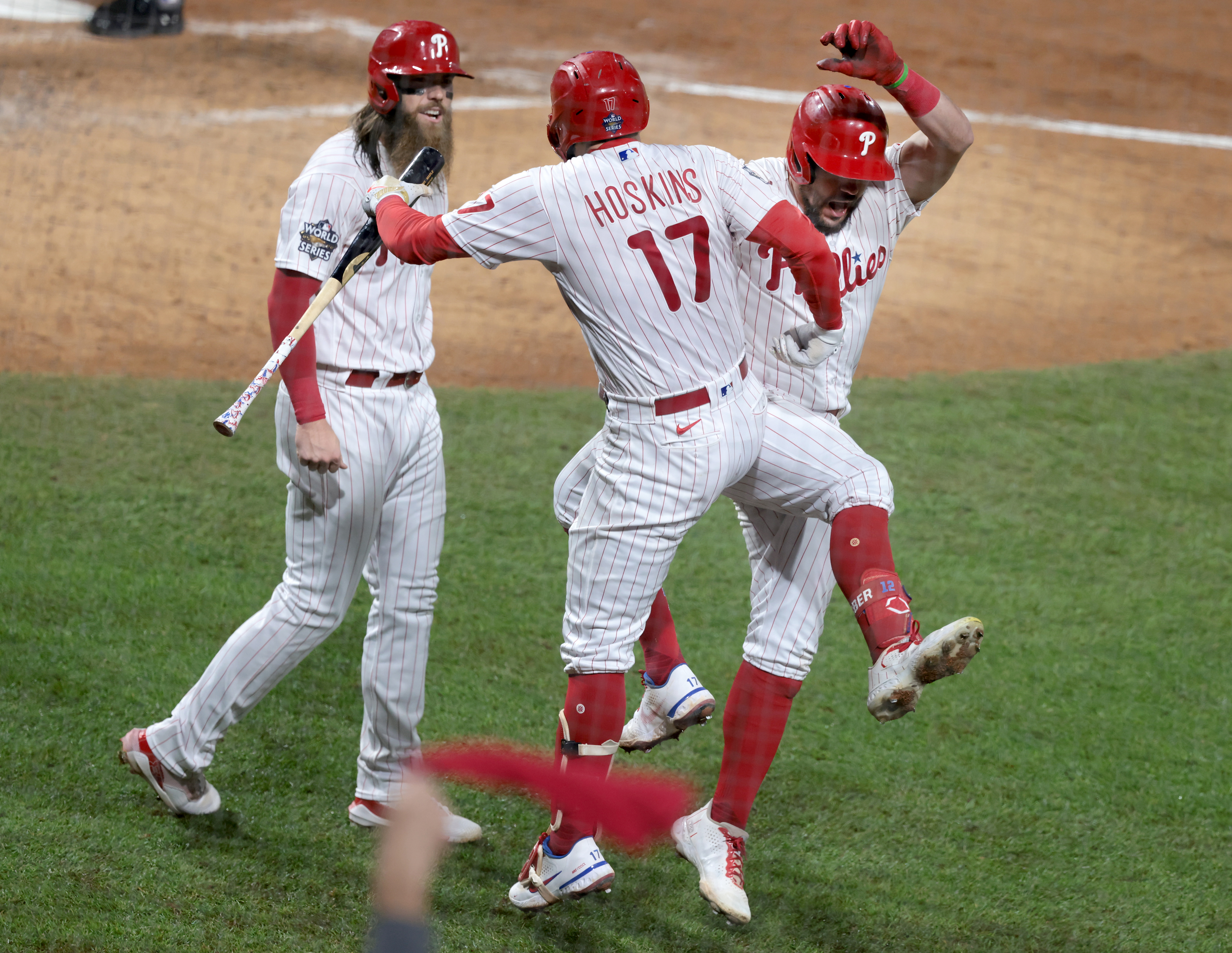 Kyle Schwarber (12) of the Philadelphia Phillies celebrates his two-run home run with Rhys Hoskins (17) vs.the Houston Astros in the fifth inning during Game 3 of the World Series at Citizens Bank Park, Tuesday, Nov. 1, 2022.