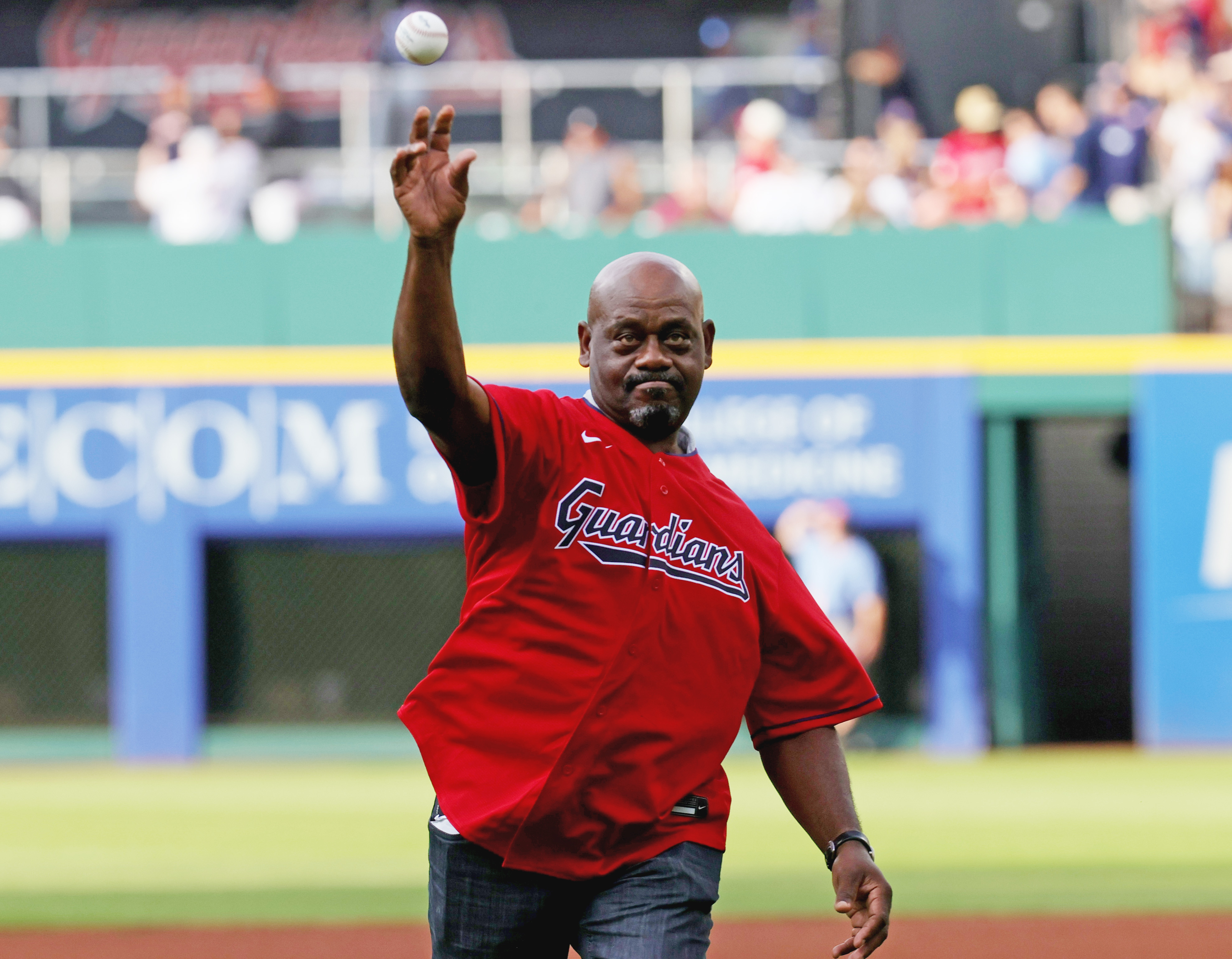 Former Cleveland Guardians player Marquis Grissom throws out the first pitch
