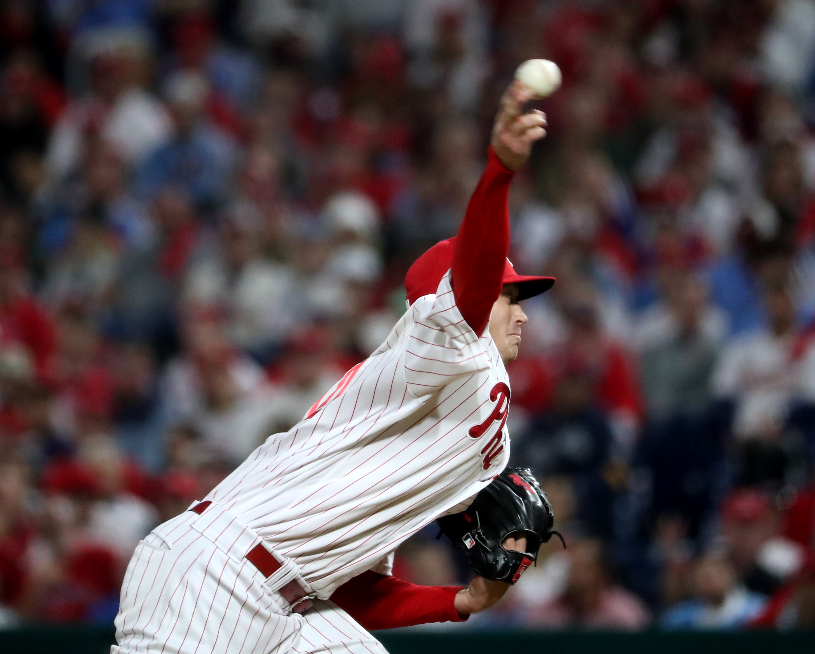 Kyle Gibson (44) of the Philadelphia Phillies delivers the pitch in the seventh inning during World Series Game 3 against the Houston Astros at Citizens Bank Park, Tuesday, Nov. 1, 2022.