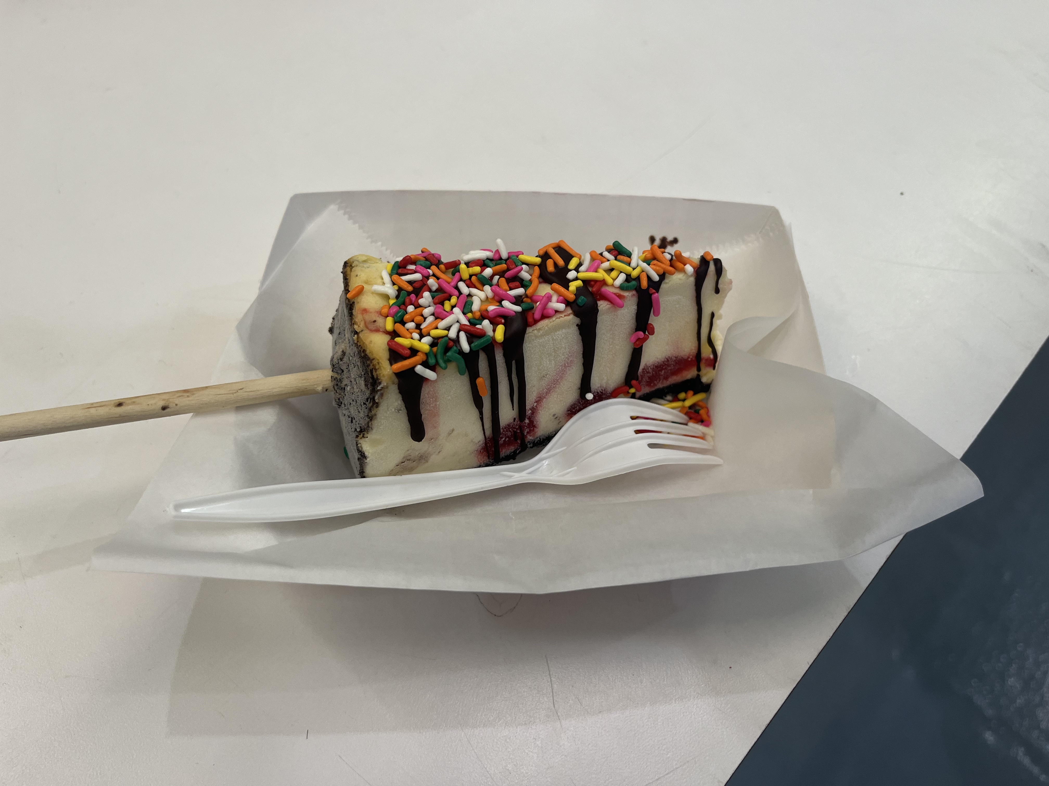 One of the main delicacies inside the Dairy Building at the 2023 NYS Fair is cheesecake on a stick.