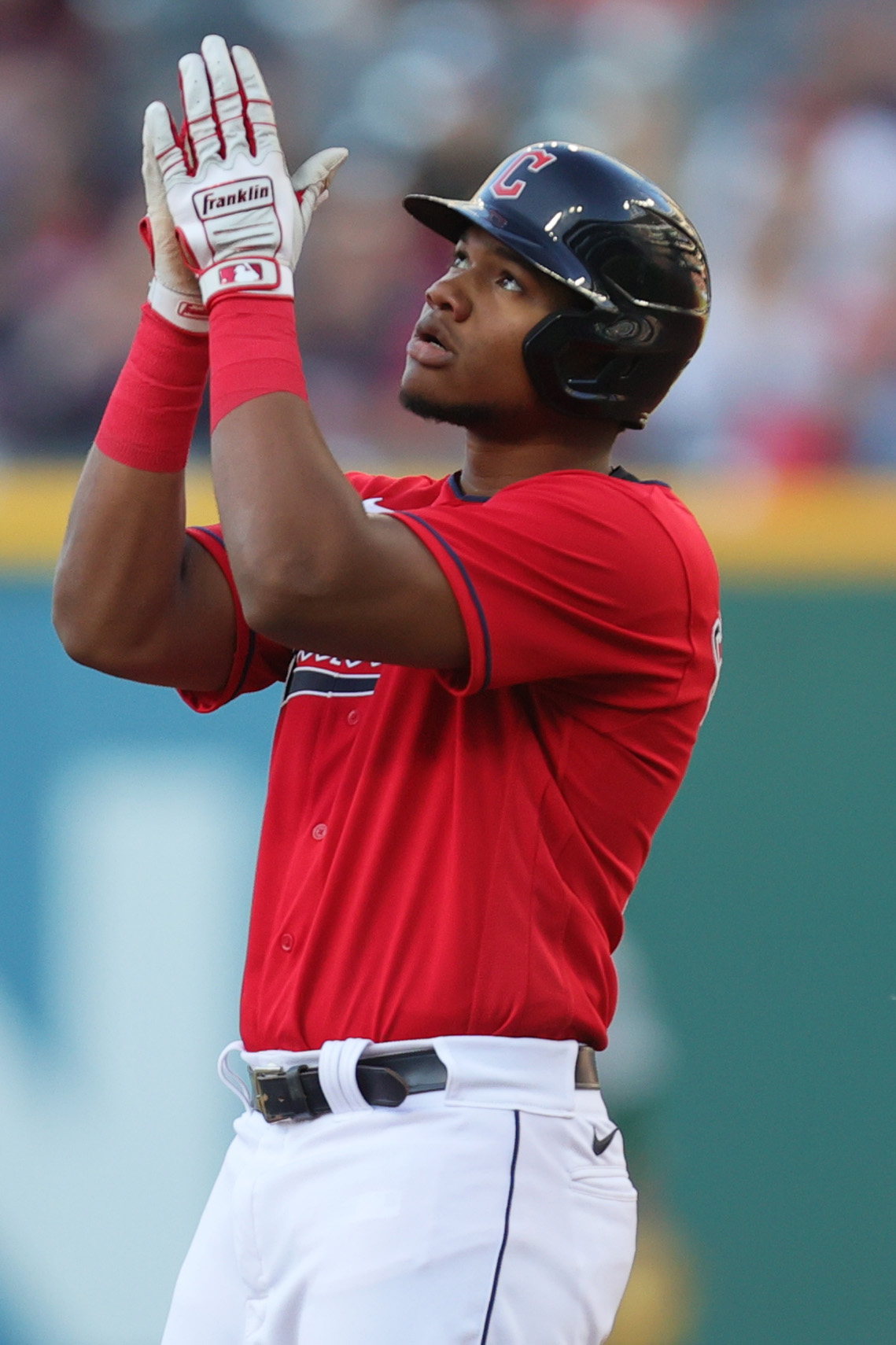 Cleveland Guardians right fielder Oscar Gonzalez celebrates his