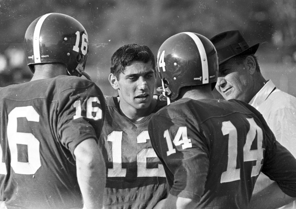 New York Jets hall of fame quarterback Joe Namath and Don Maynard (13)  stand on the field during a ceremony honoring the Super bowl III Jets at  halftime of the New York