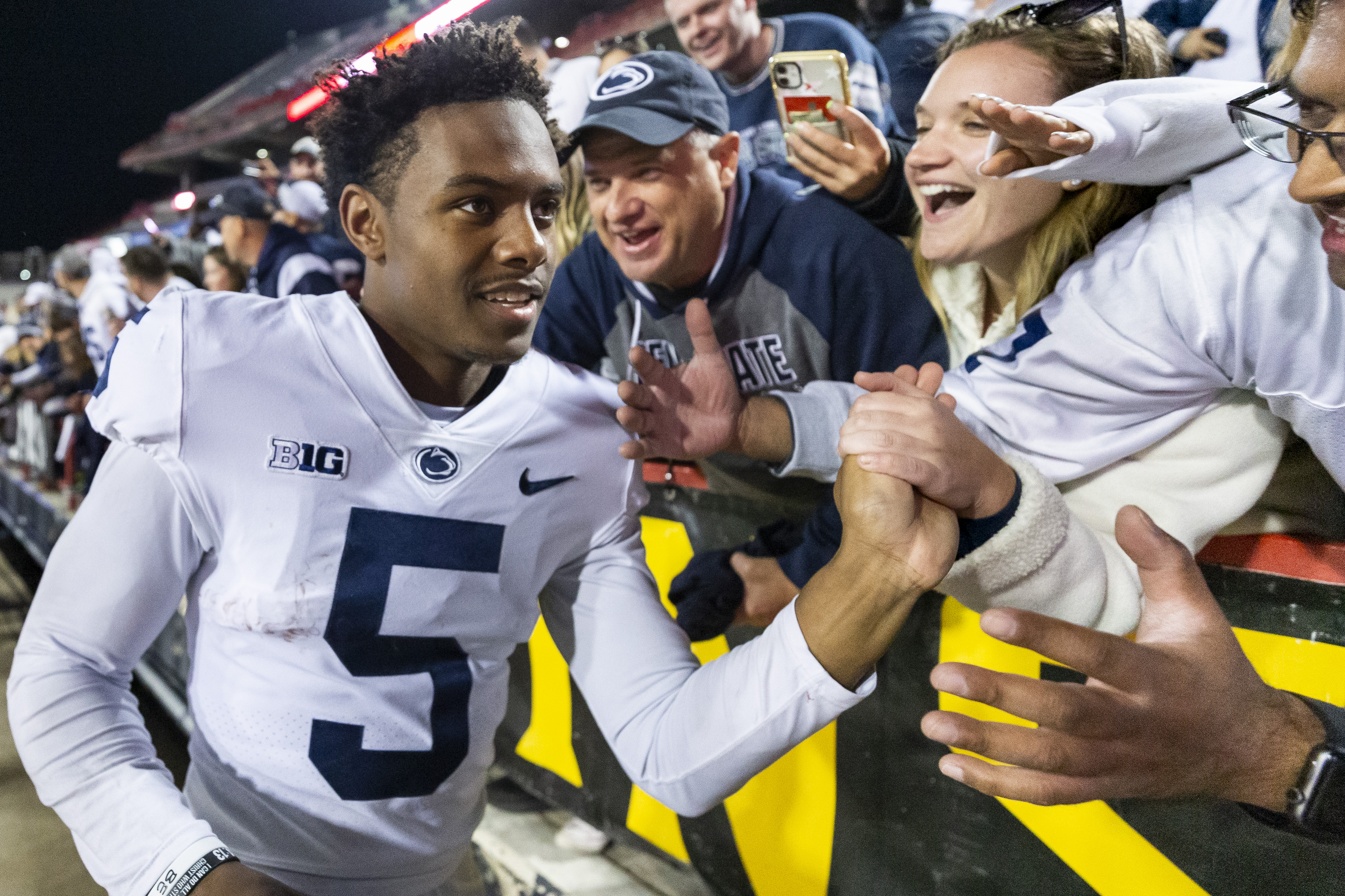Penn State wide receiver Jahan Dotson celebrates with fans after the 31-14 win over Maryland on Nov. 6, 2021. Joe Hermitt | jhermitt@pennlive.com