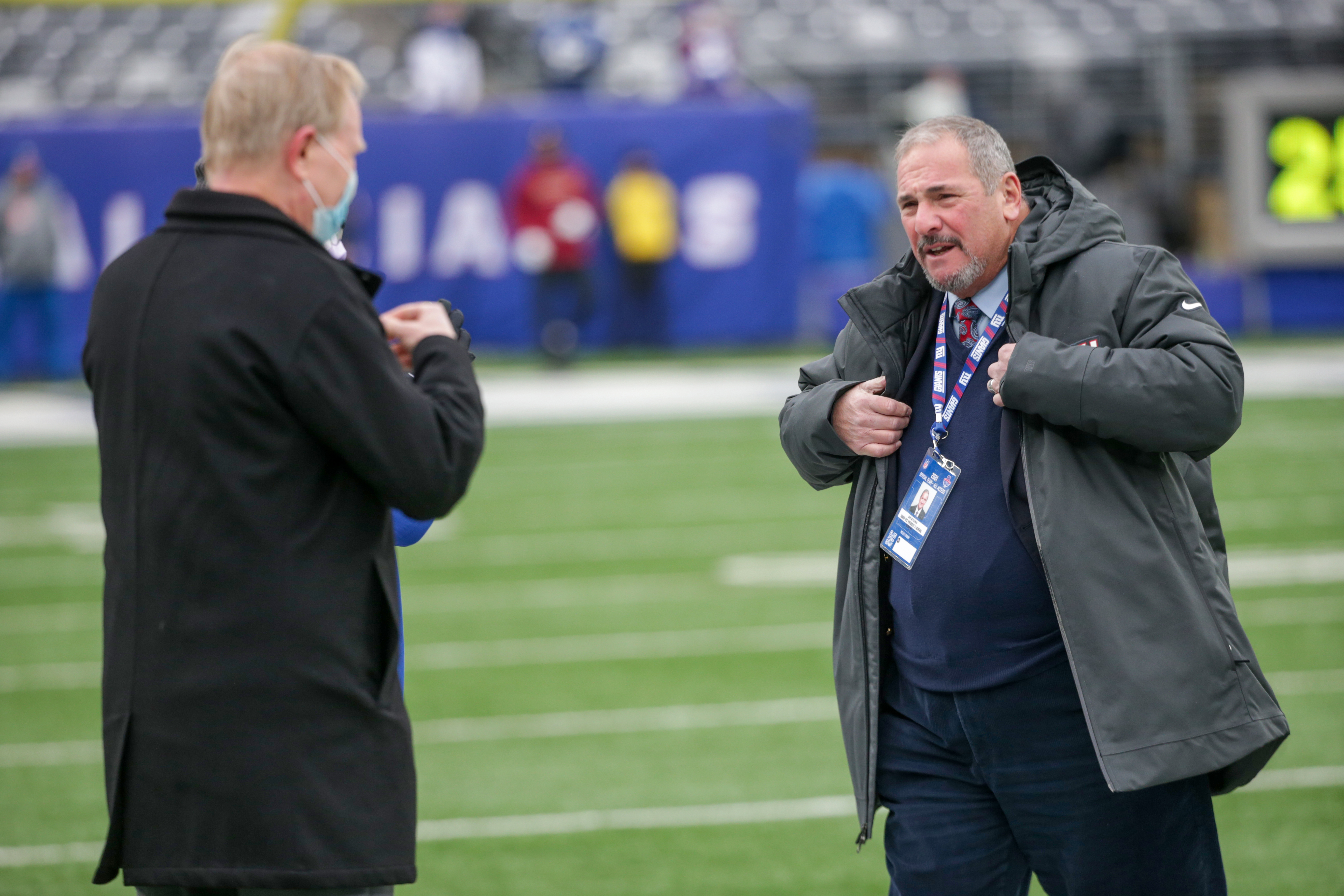 New York Giants owner John Mara (left) and general manager Dave Gettleman during pregame warmups as the Giants prepare to host the Washington Football Team on Sunday, Jan. 9, 2022 in East Rutherford, N.J.