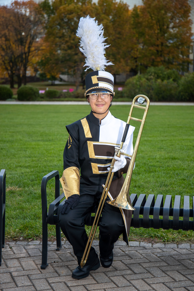 The Milton S. Hershey School high school marching band’s lone trombone in Hershey, Pa., Oct. 19, 2022.Mark Pynes | pennlive.com