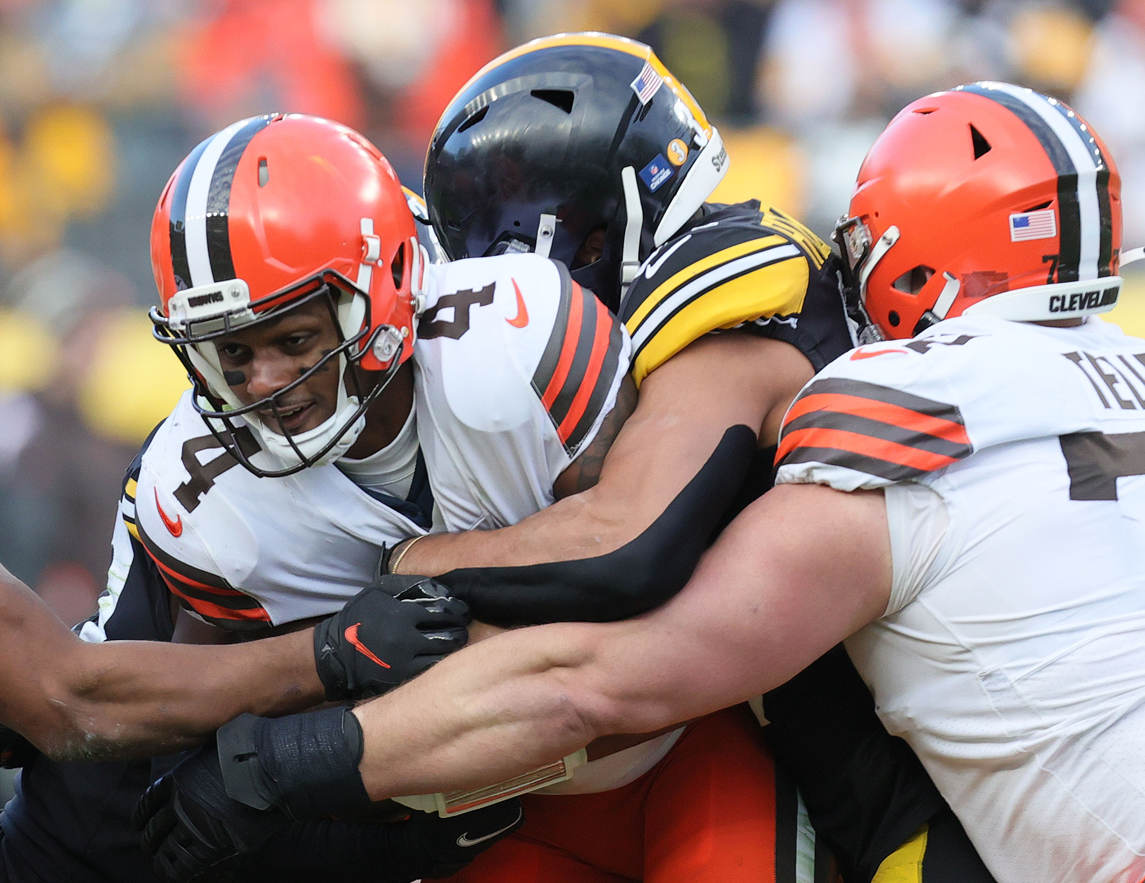 Josh Sweat sacks the Browns' Deshaun Watson in joint practice as