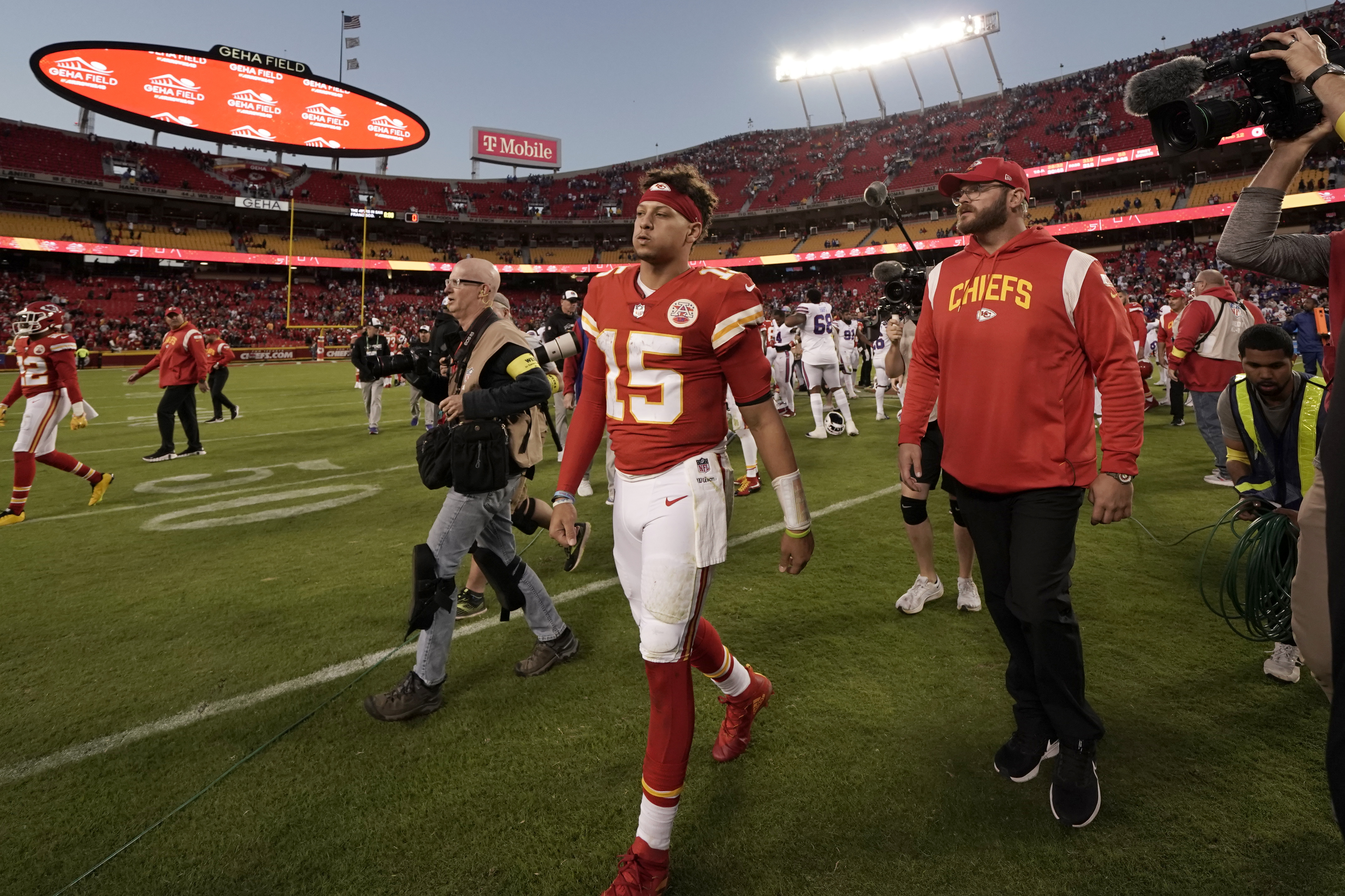 Buffalo Bills defensive tackle DaQuan Jones (92) walks off the field after  an NFL football game against the Kansas City Chiefs Sunday, Oct. 16, 2022,  in Kansas City, Mo. (AP Photo/Peter Aiken