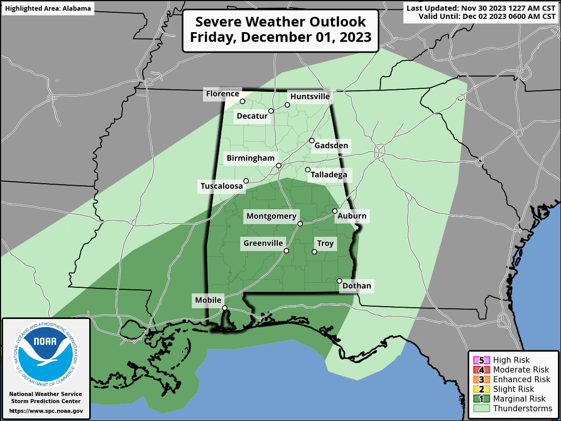 Level 1 risk for severe weather on Friday and Saturday in Alabama