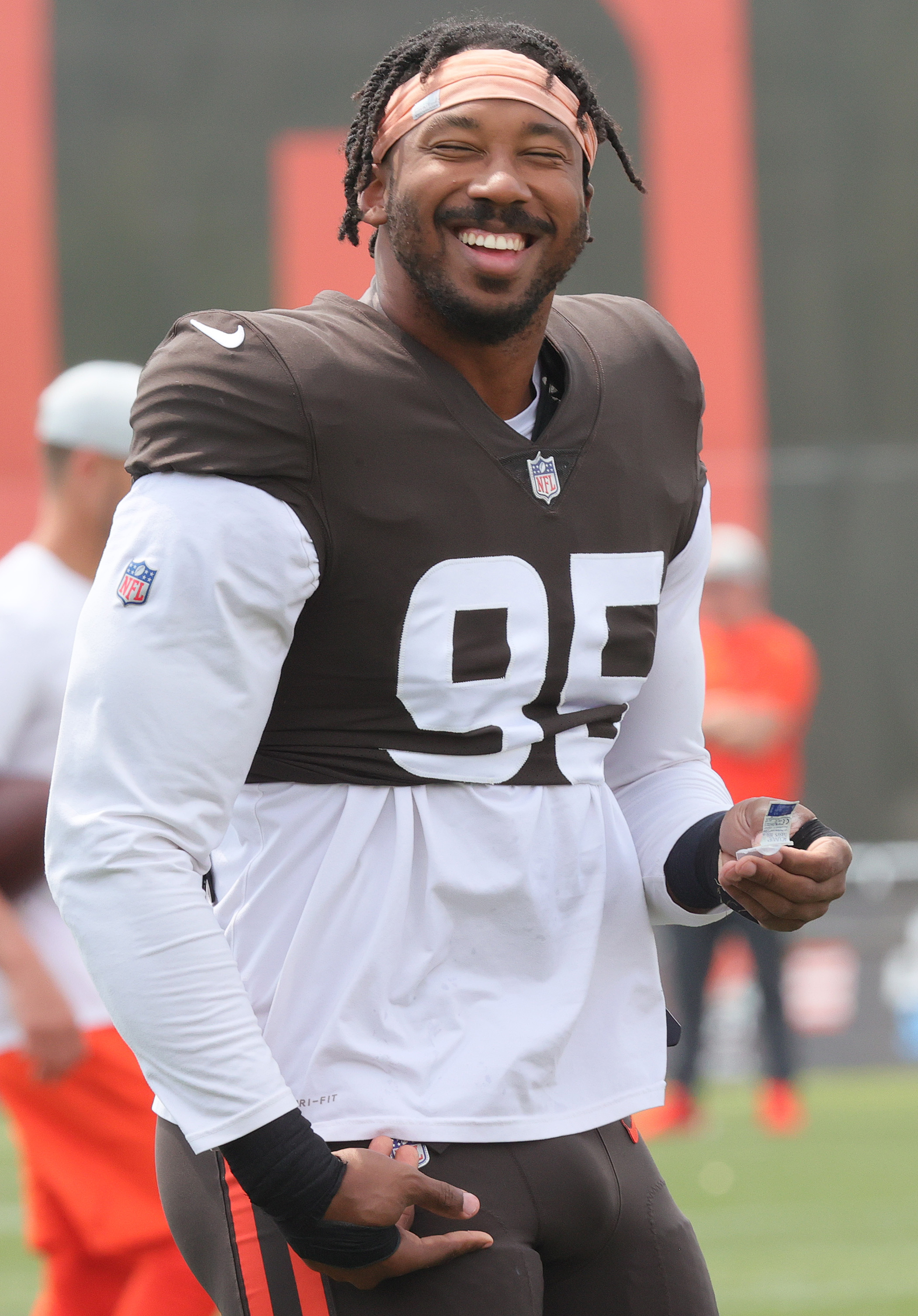 Cleveland Browns defensive end Myles Garrett runs on the field during an NFL  preseason football game