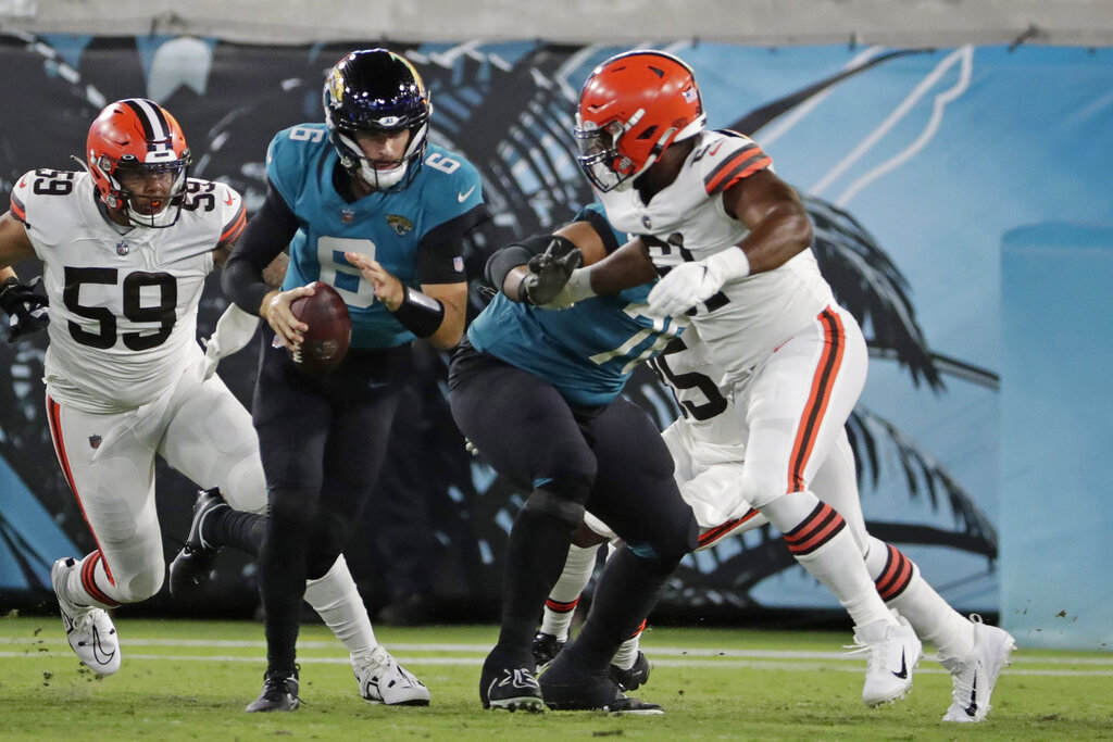 Cleveland Browns wide receiver Travell Harris (83) walks off the field at  the end of an NFL preseason football game against the Jacksonville Jaguars,  Friday, Aug. 12, 2022, in Jacksonville, Fla. The