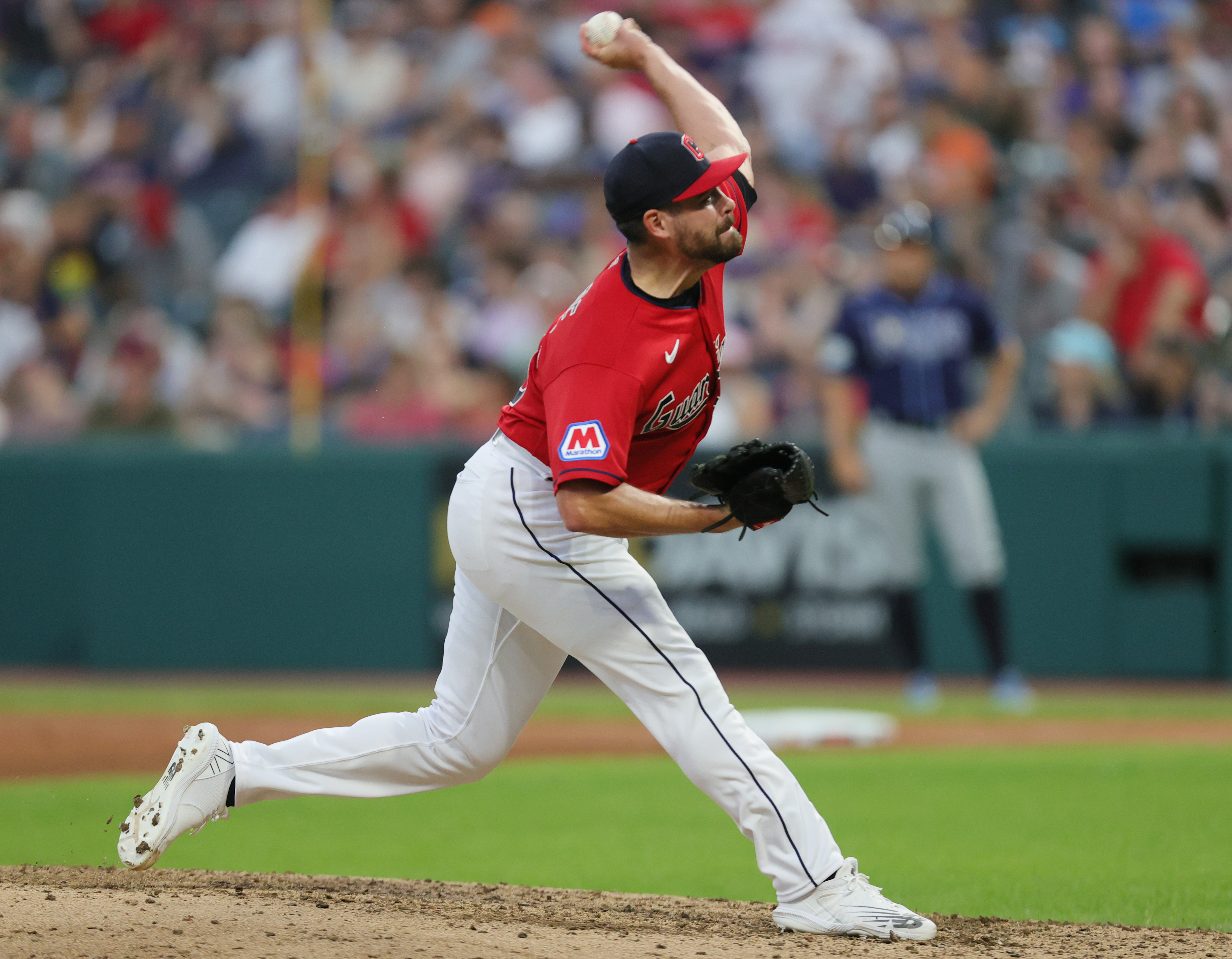 Cleveland Guardians relief pitcher Matt Moore throws in the sixth inning against the Tampa Bay Rays, September 2, 2023, at Progressive Field.