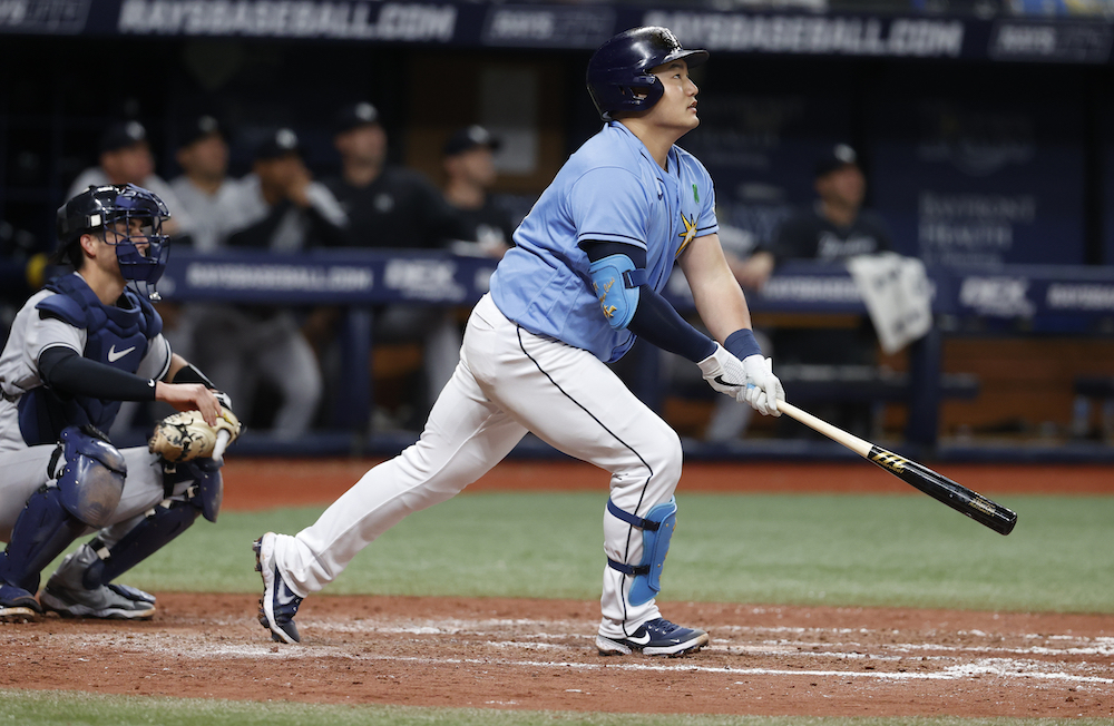 Ji-Man Choi of the Tampa Bay Rays during an at-bat against the