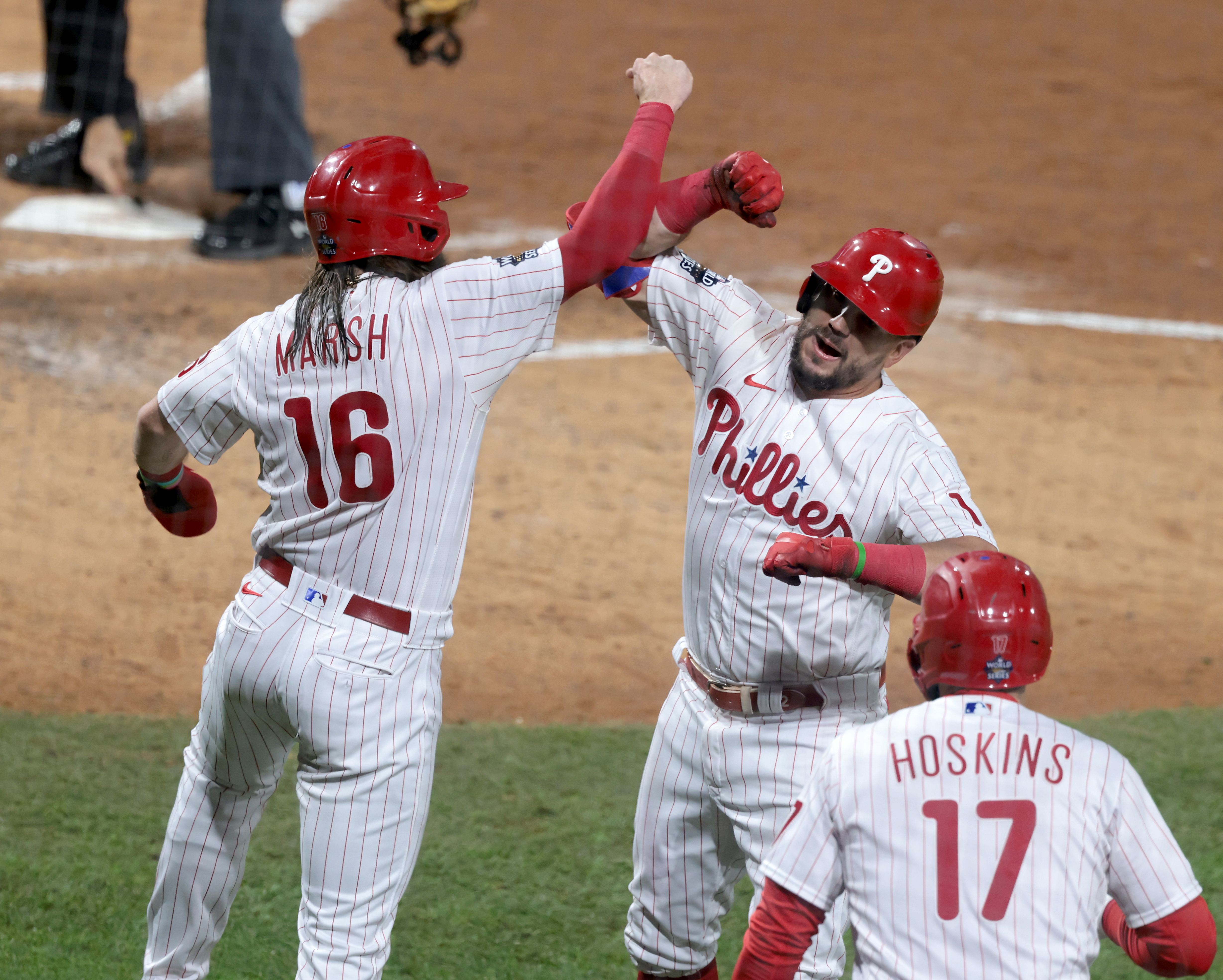 Kyle Schwarber (12) of the Philadelphia Phillies celebrates his two-run home run with Brandon Marsh (16) vs.the Houston Astros in the fifth inning during Game 3 of the World Series at Citizens Bank Park, Tuesday, Nov. 1, 2022.