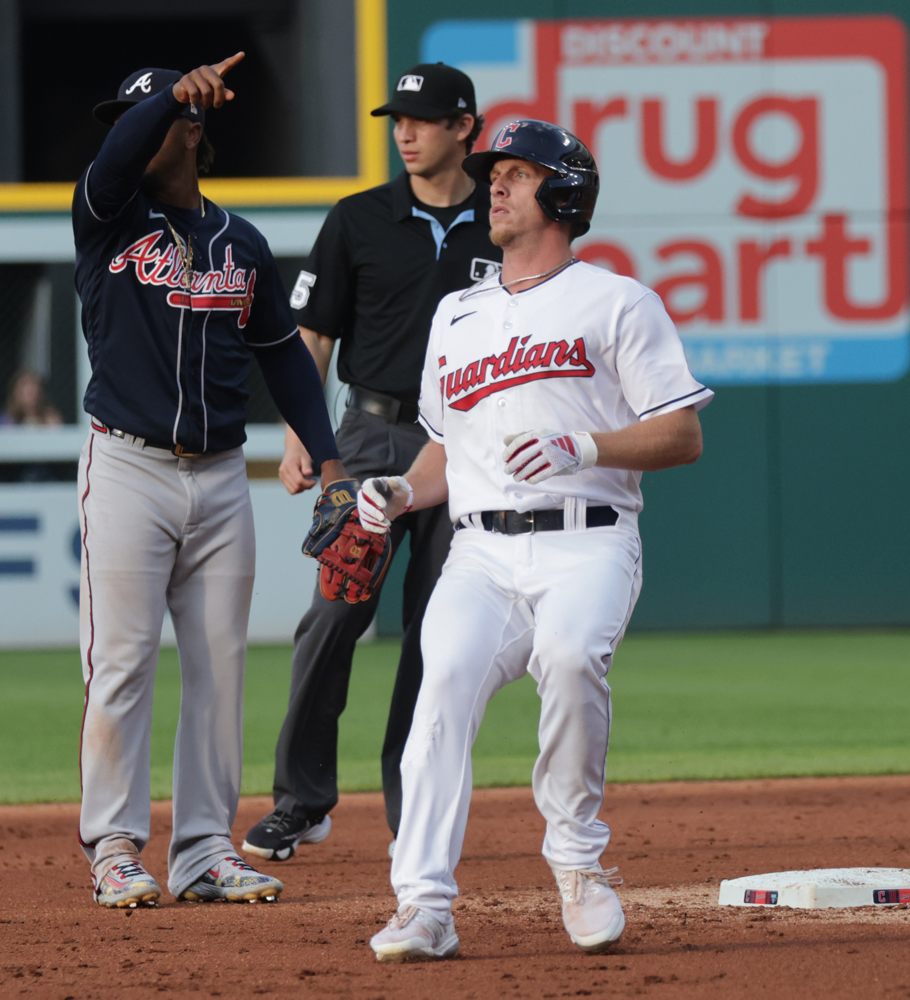 Atlanta Braves left fielder Eddie Rosario catches a fly ball for an out  against Cleveland Guardians' Jose Ramirez in the first inning of a baseball  game Monday, July 3, 2023, in Cleveland. (