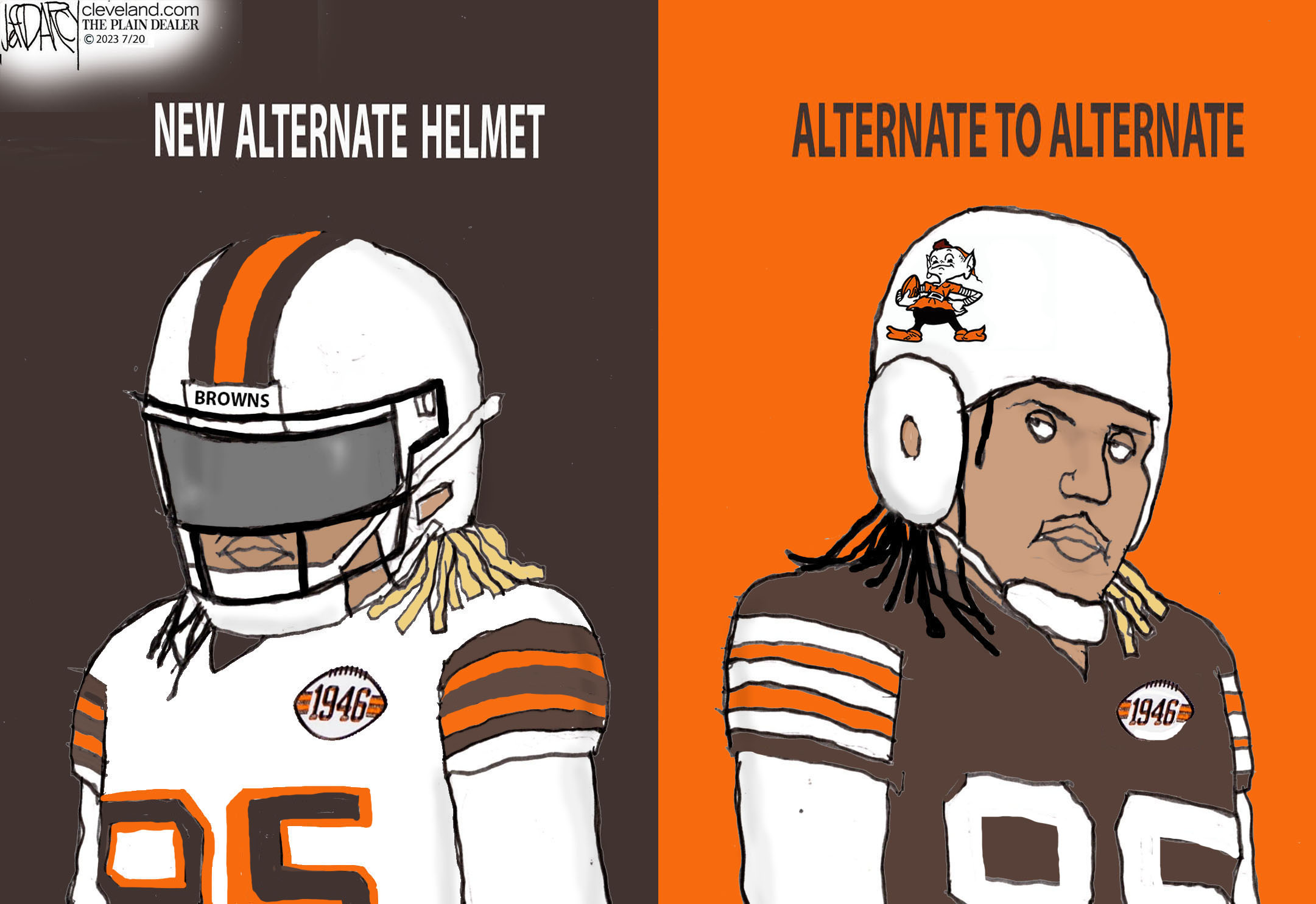 Browns new/old white helmets: Darcy cartoon 