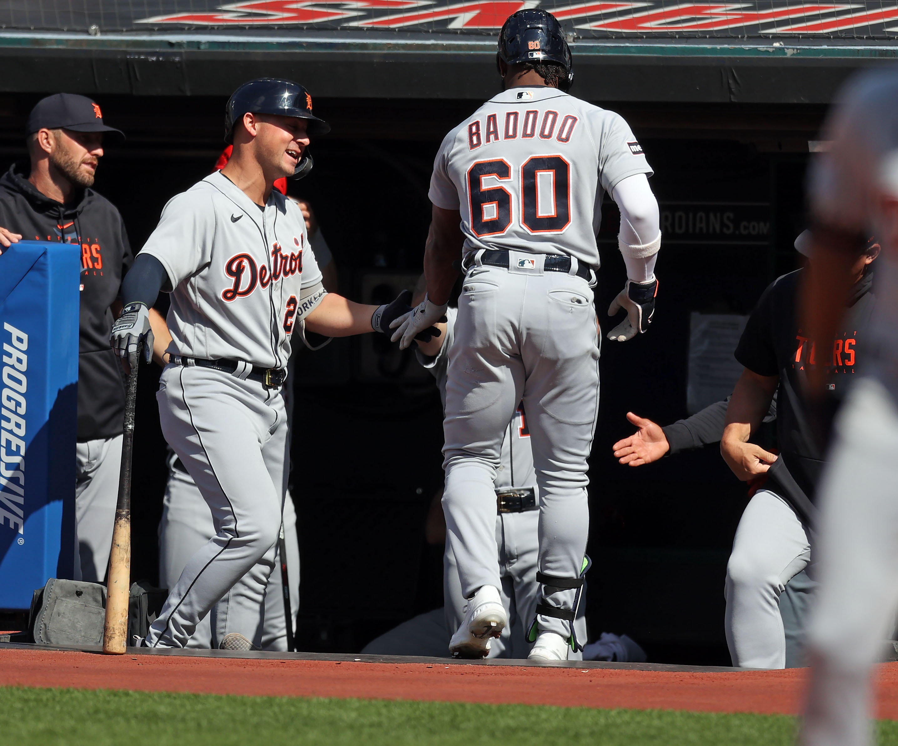 Detroit Tigers' Riley Greene celebrates after hitting a solo home