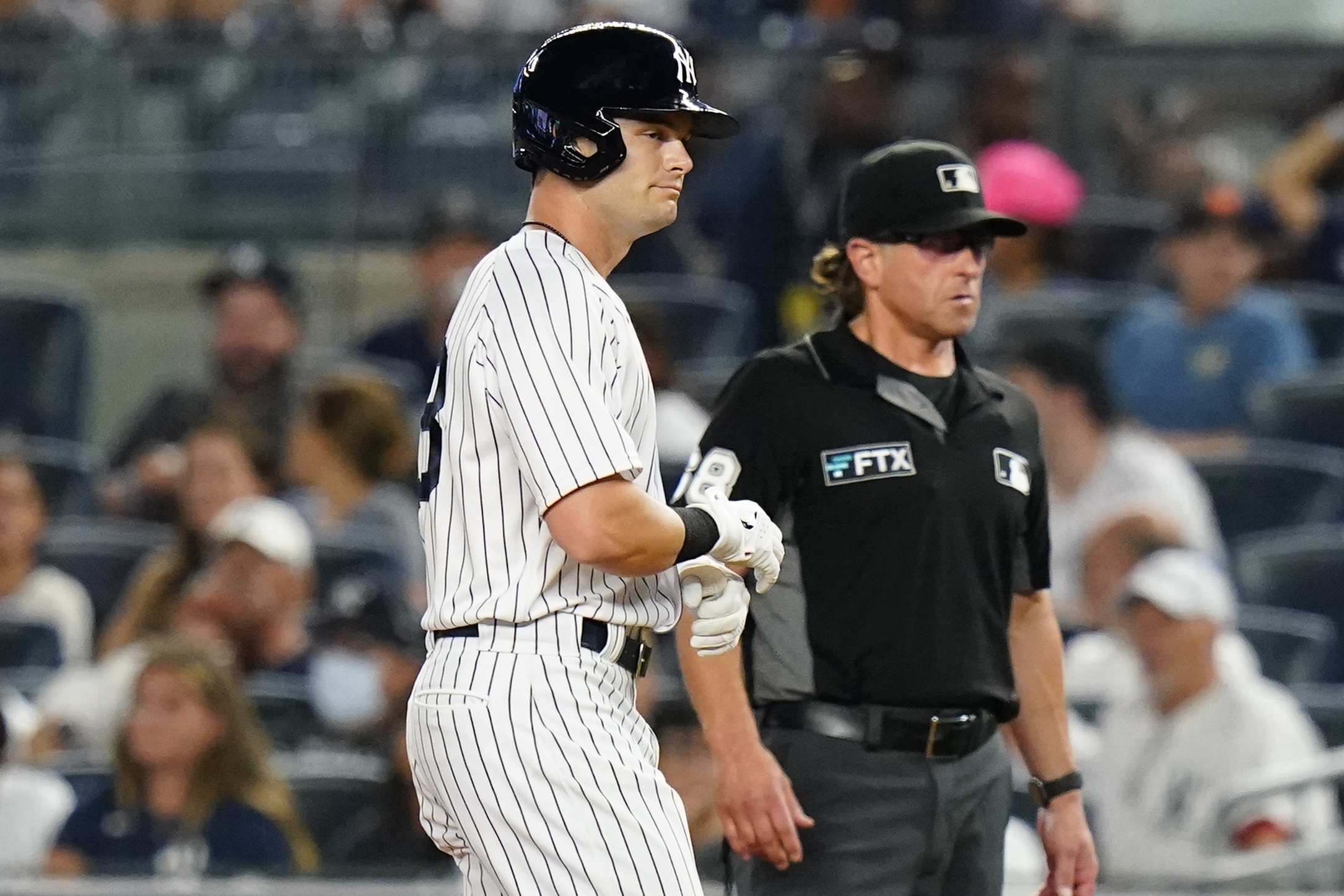 Andrew Benintendi strikes out in his first Yankee at-bat. (via:  @yesnetwork)