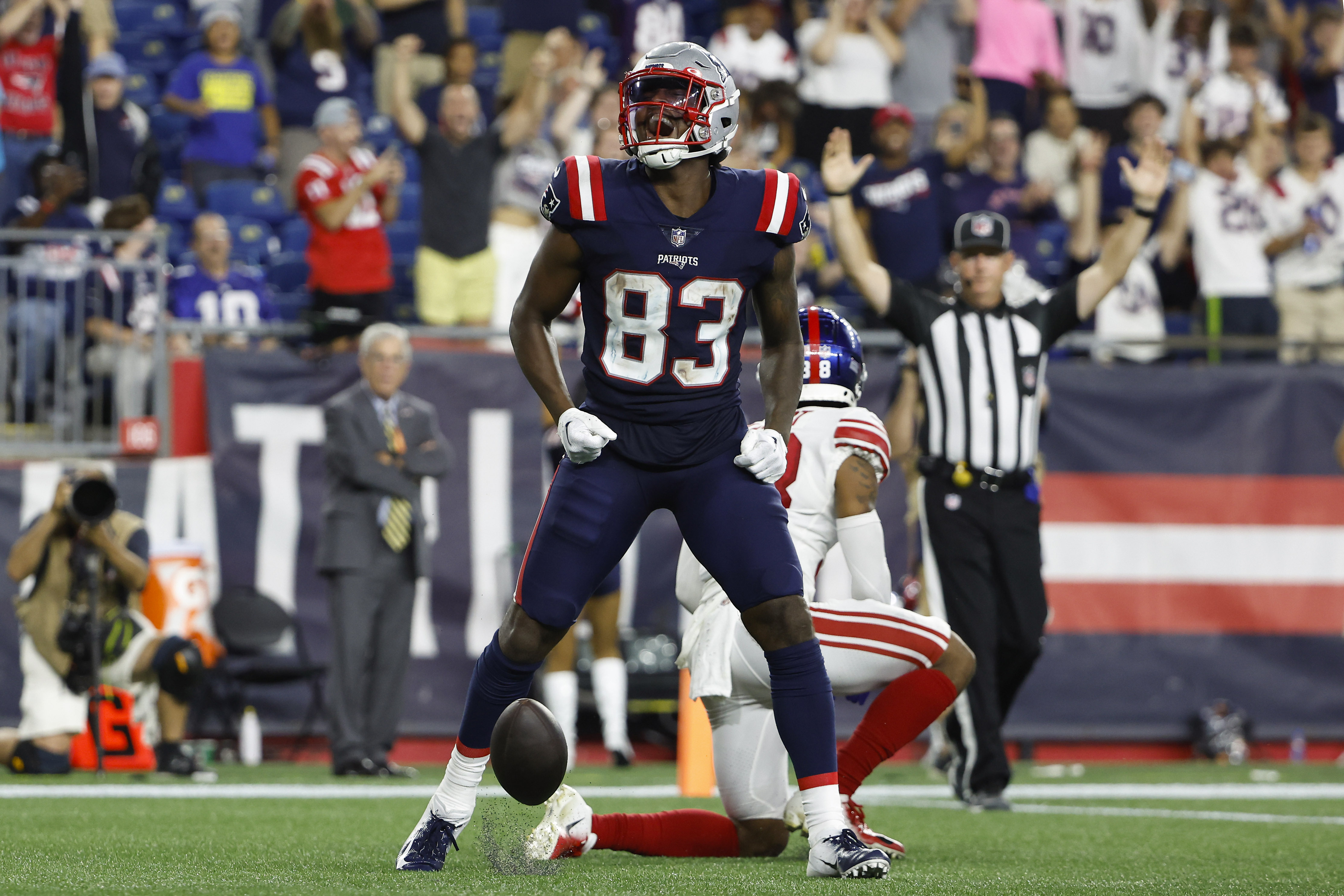 New England Patriots wide receiver Lil'Jordan Humphrey lays out to prevent  touchback on punt