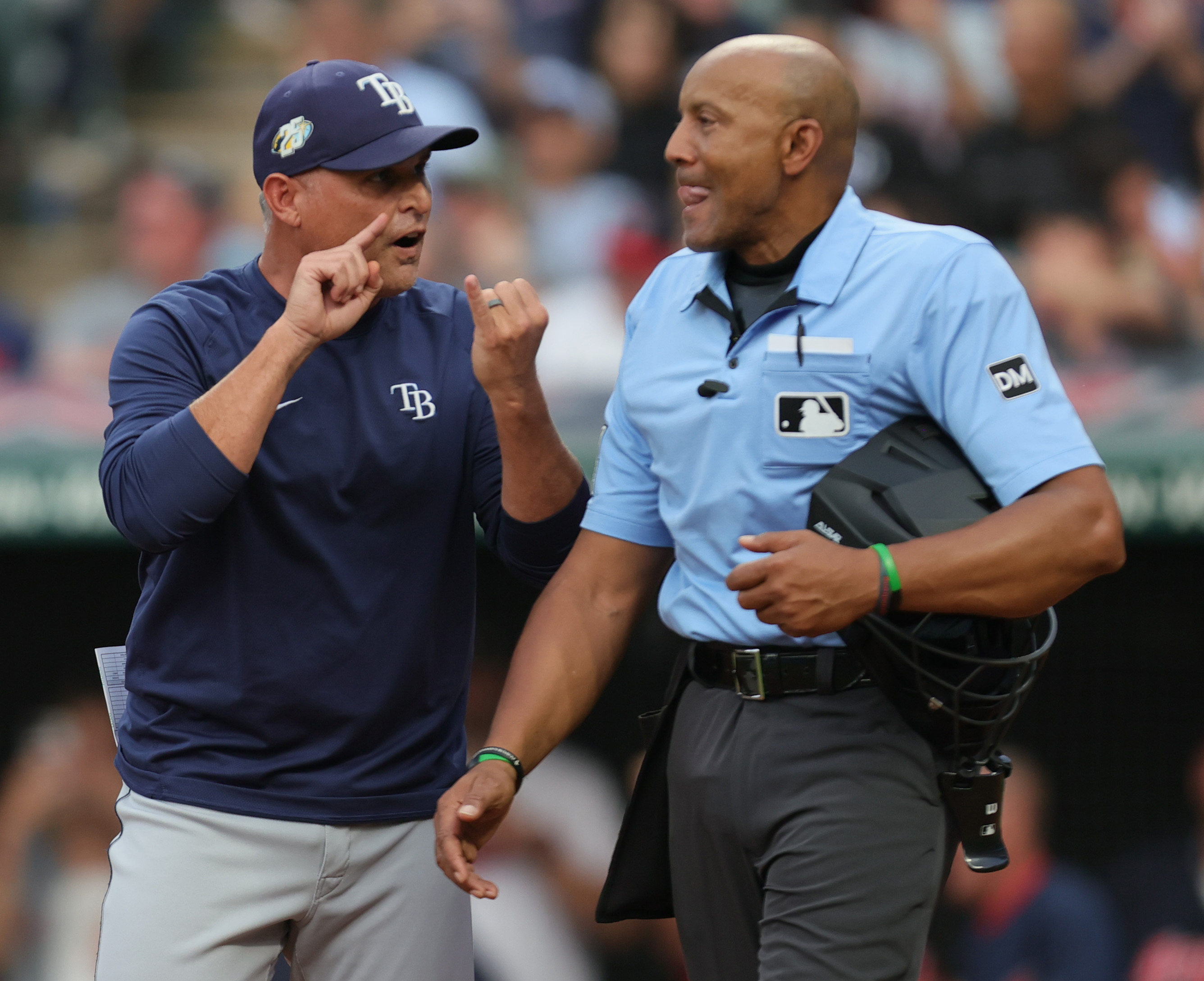 Tampa Bay Rays manager Kevin Cash argues with home plate umpire CB Buckner on a Cleveland Guardians time out call during an at bat after being tossed from the game by Buckner in the fifth inning, September 2, 2023, at Progressive Field.